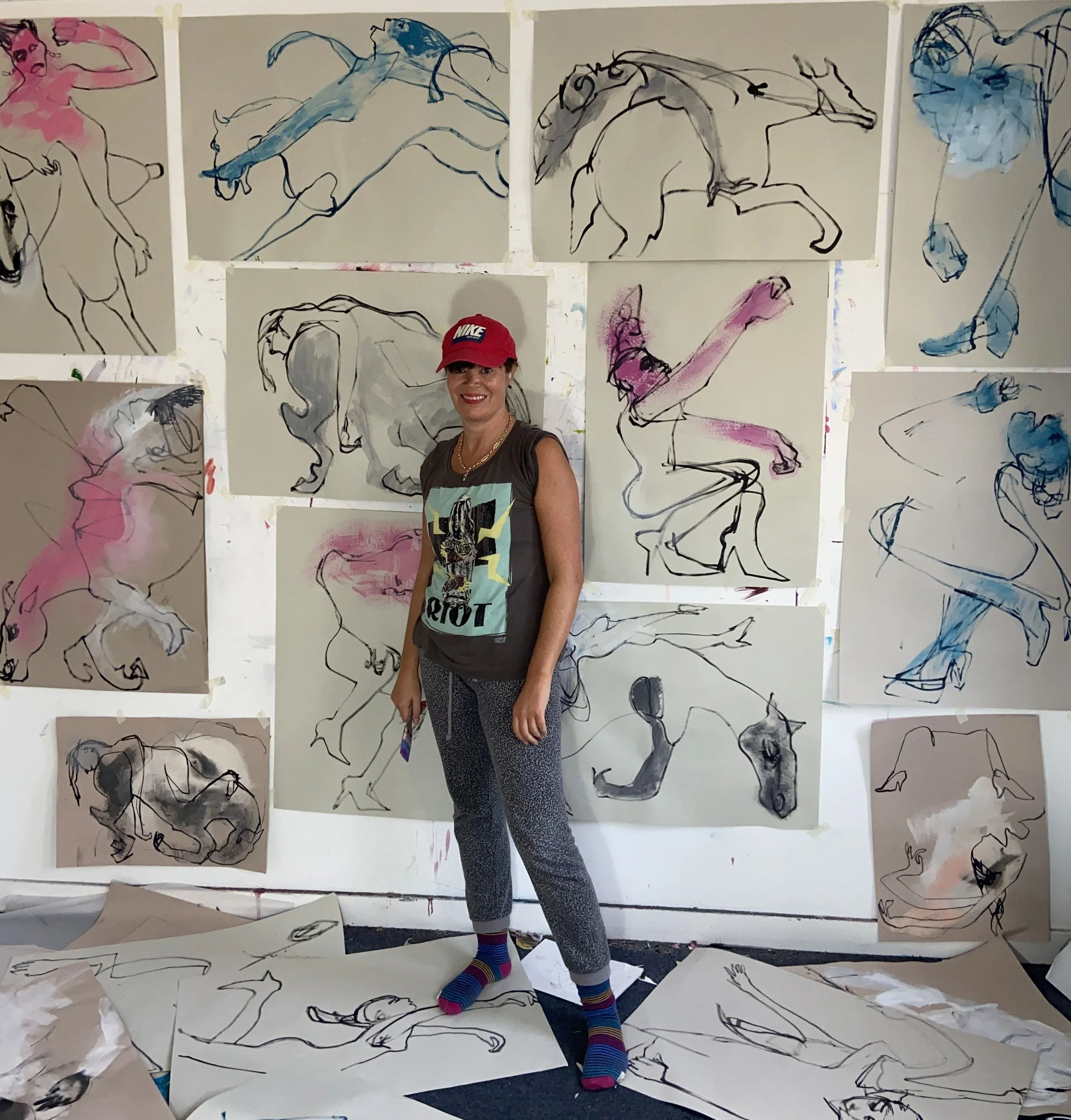 Studio view with gouache drawings 
 82cm x 59cm each 
 2025
 