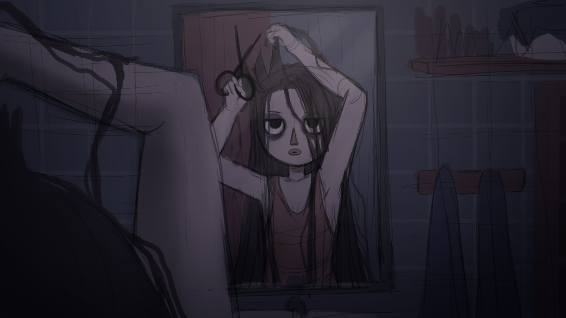 A person with messy hair and a blank expression stands in front of a mirror, holding scissors near their head, in a dimly lit room.