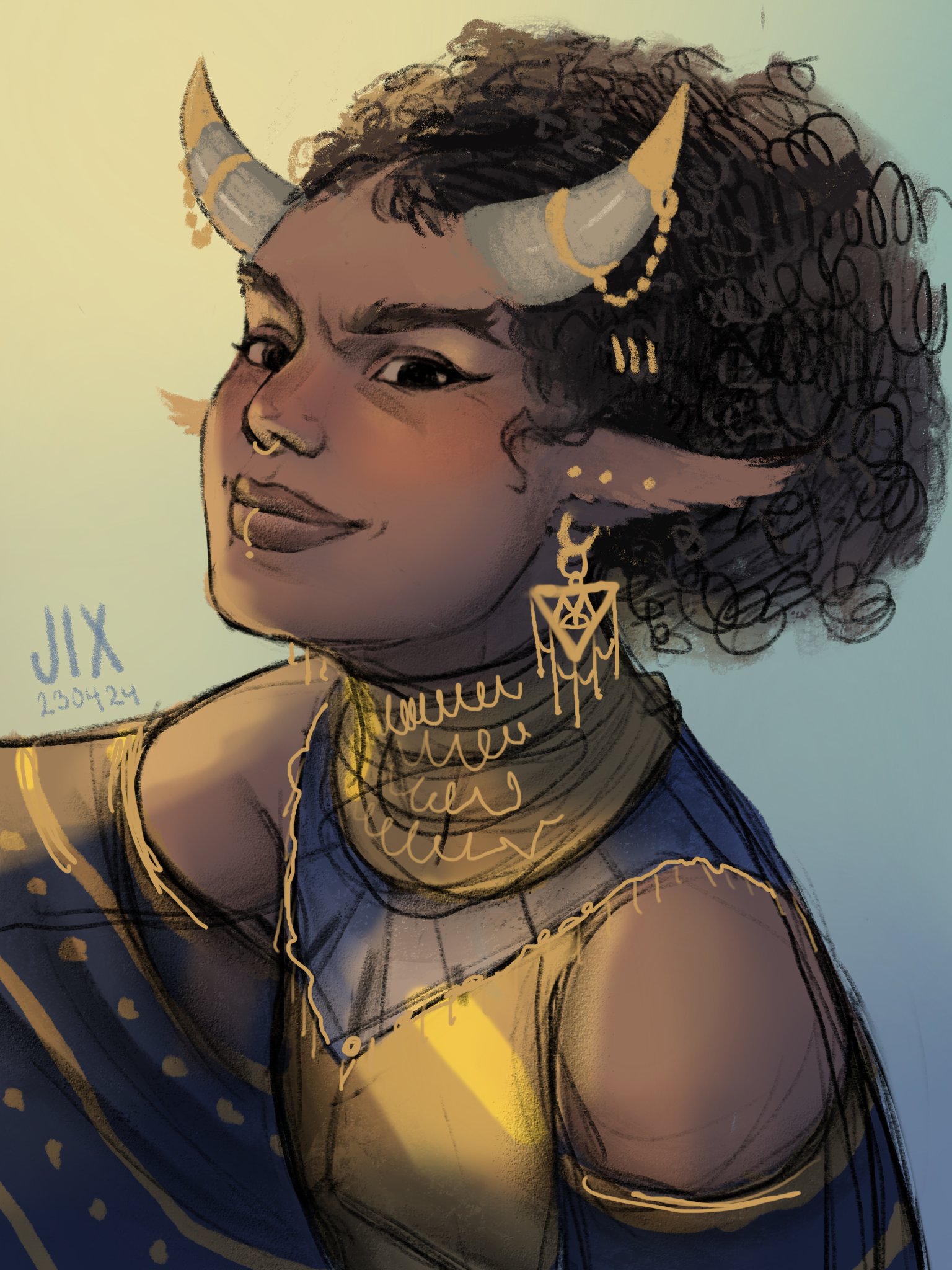 A digital illustration of a woman with dark, curly hair styled with gold jewelry and accessories. She wears a dark blue garment with gold accents, and has facial piercings, including a septum ring and a labret piercing. The woman is looking over her 