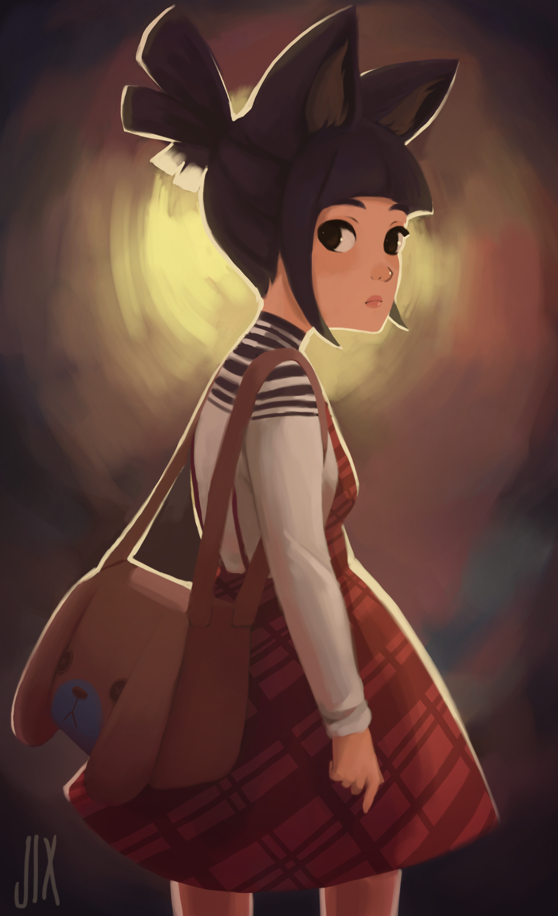 Digital art of a young girl with dark hair and bunny ears, wearing a striped shirt and plaid skirt, carrying a teddy bear bag, with a warm, glowing background.