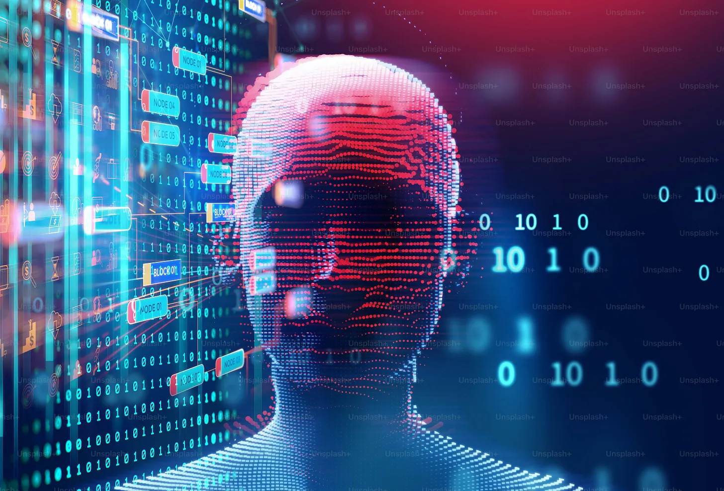 Digitally human head shape form made up with 1 an 0 elements showing a futuristic world