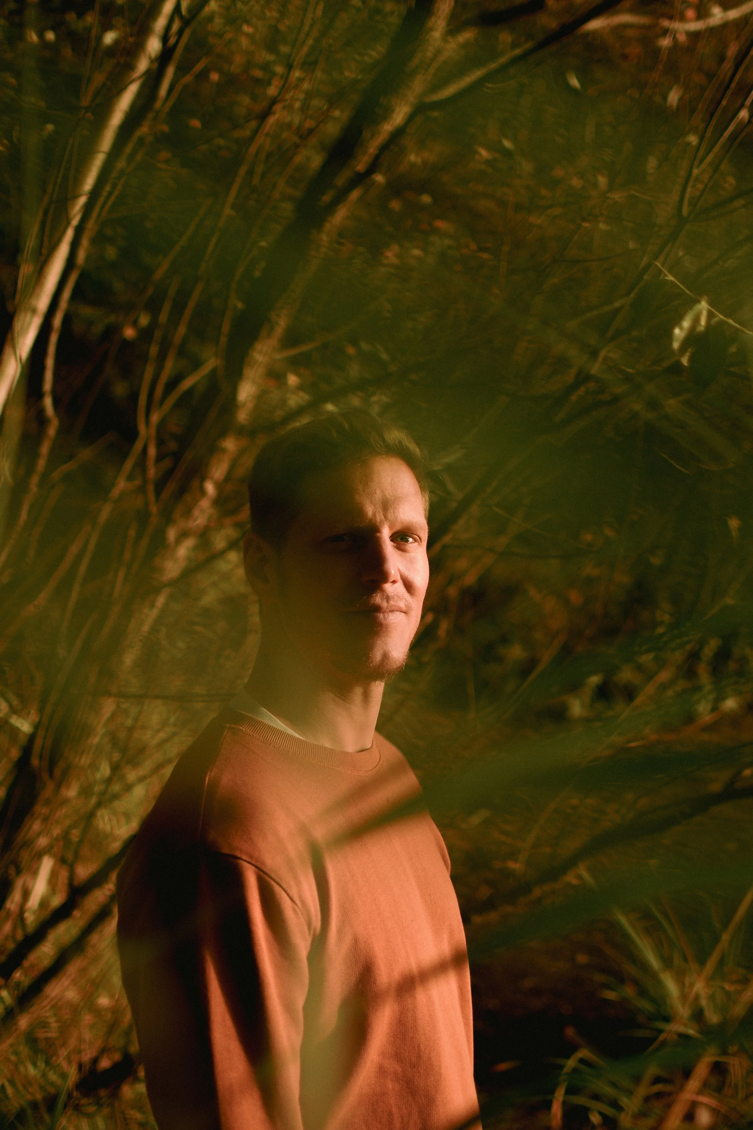 Ein junger Mann in einem braunen Pullover steht in einem Wald bei Sonnenuntergang, umgeben von Bäumen und Blättern. Maarten Hemmen
