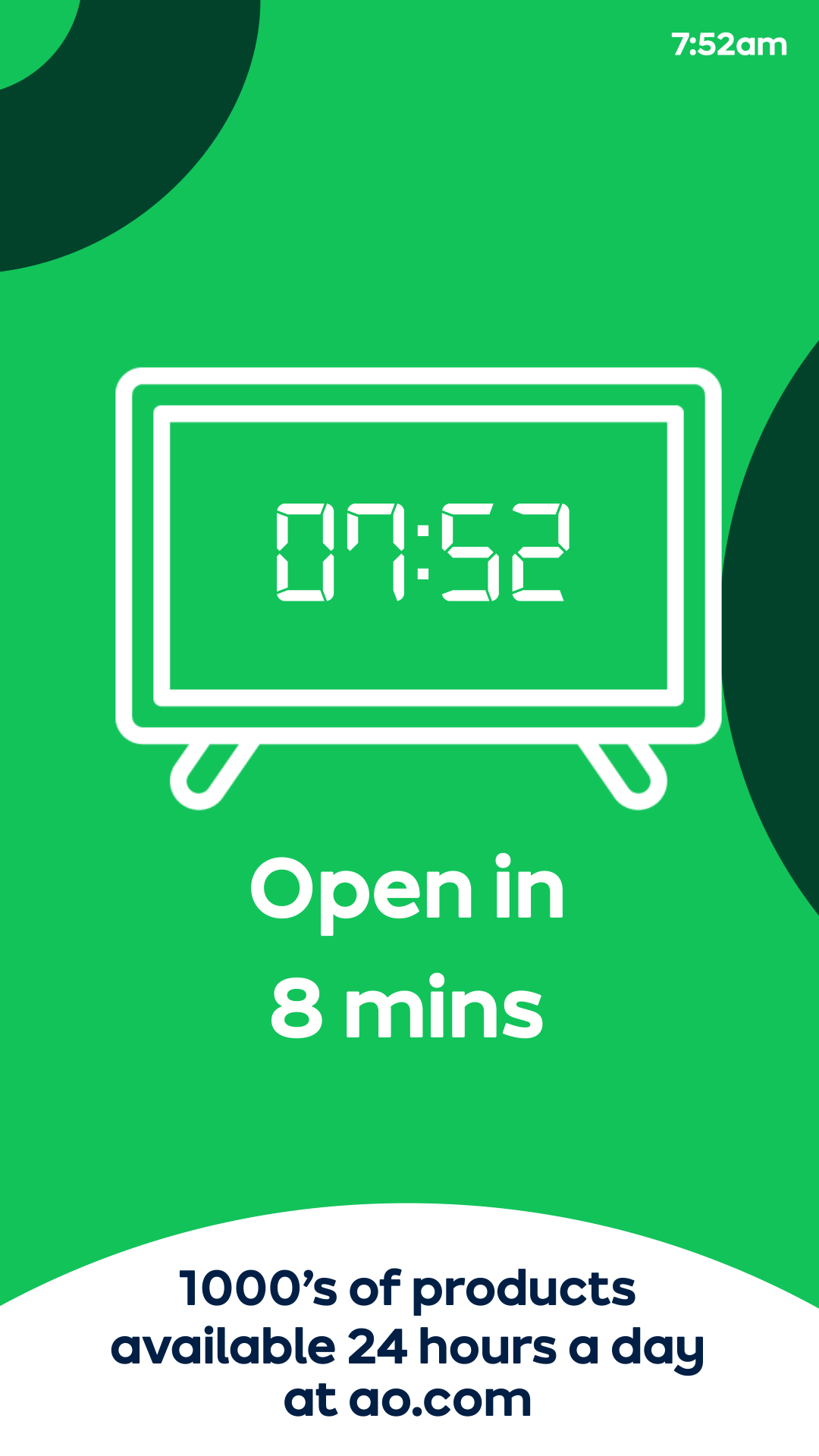 Time shown in big as digital clock, counts down to when the store is open