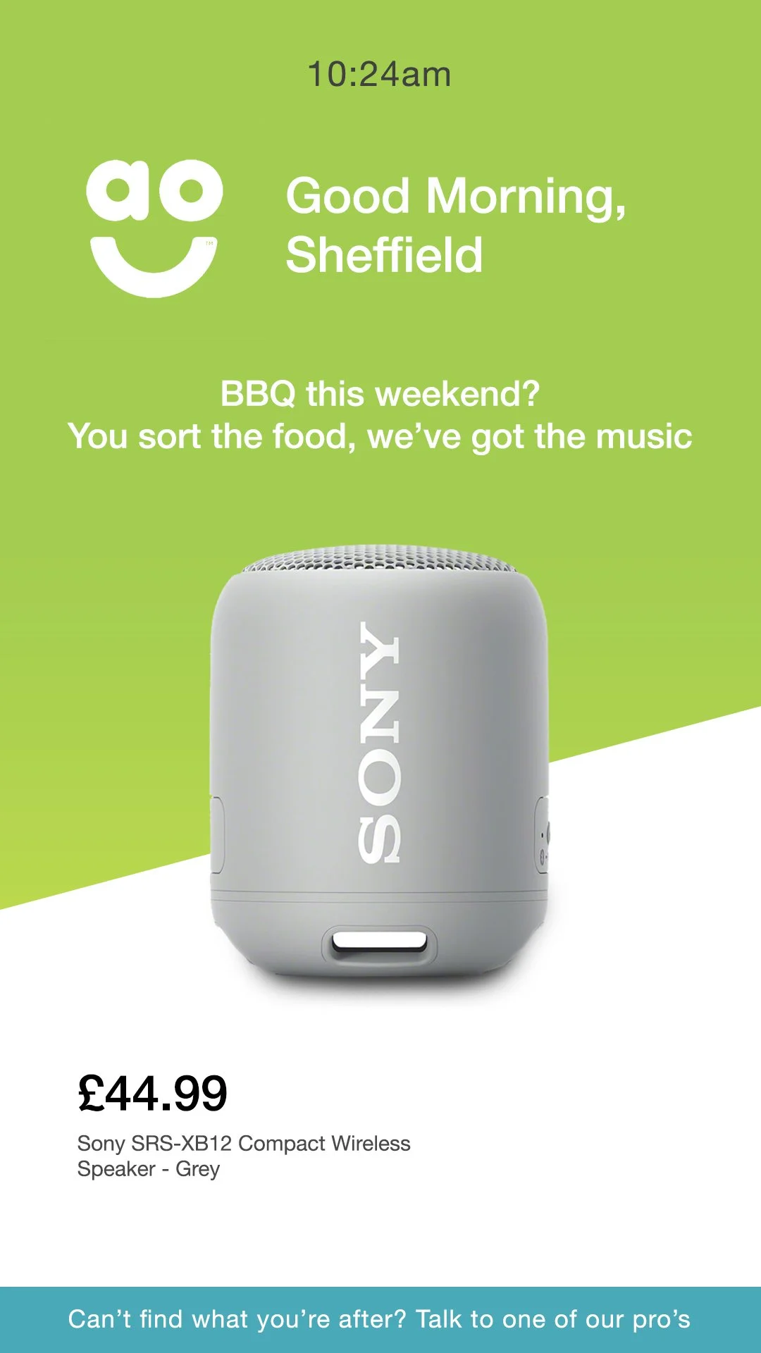 Old Brand Dynamic screen - Using weather API select a range of products which align with the forecast. 'BBQ this weekend?'
