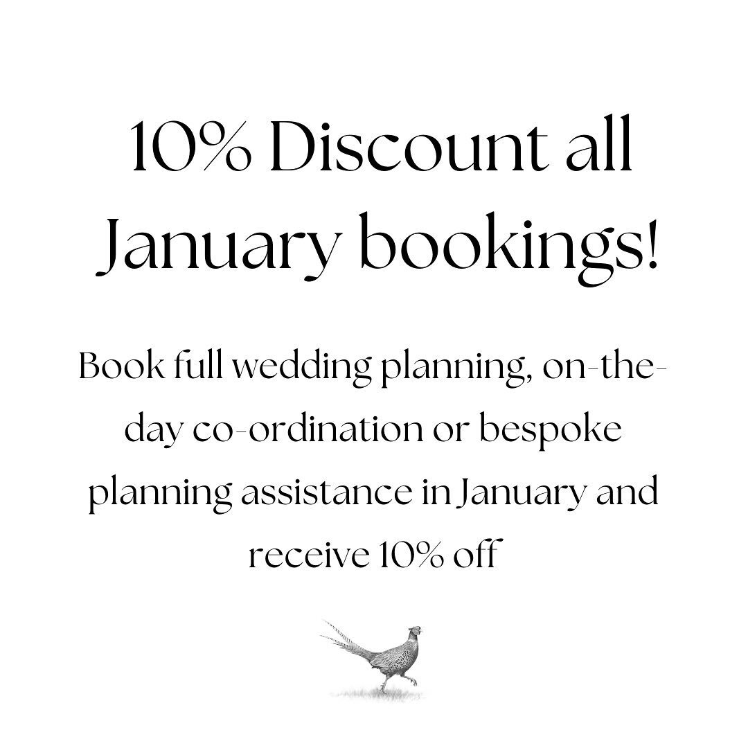 We are offering a huge 10% discount for all bookings made during the rest of January. Whether you are booking our full wedding management package, on-the-day coordination or bespoke planning assistance, get in touch to take advantage of this special 