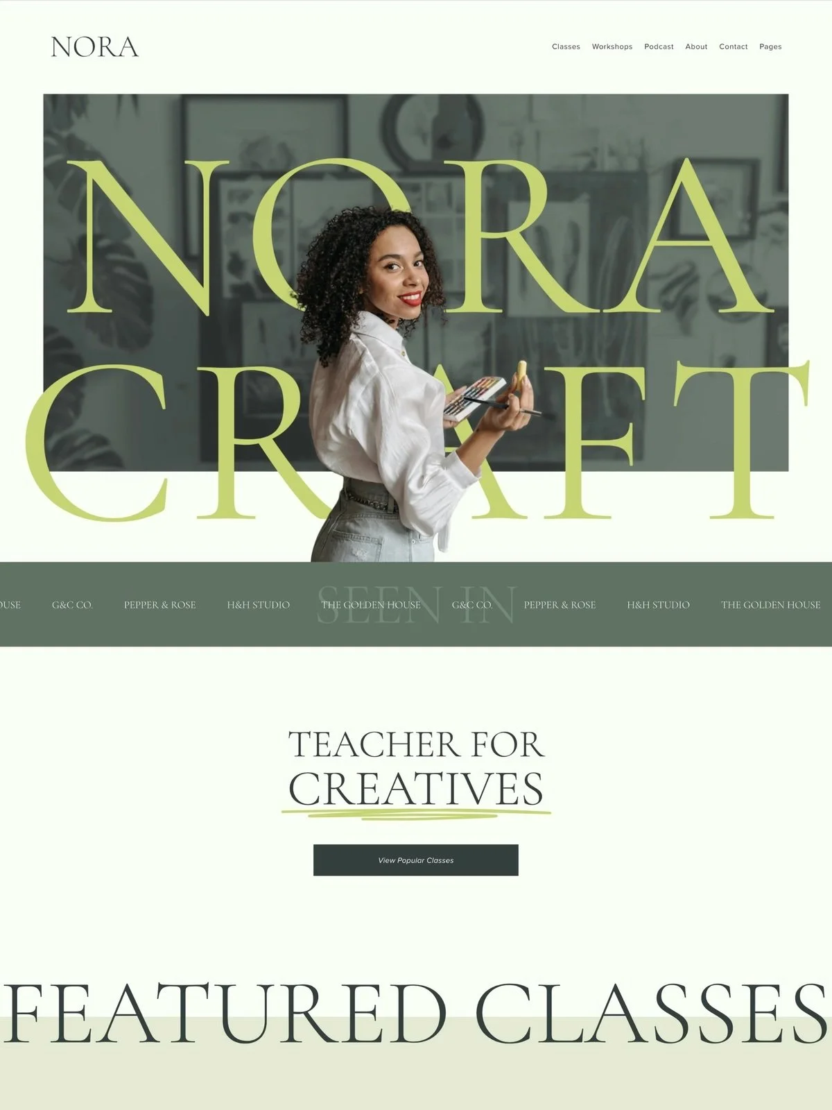 Nora template homepage example for a creative educator's website