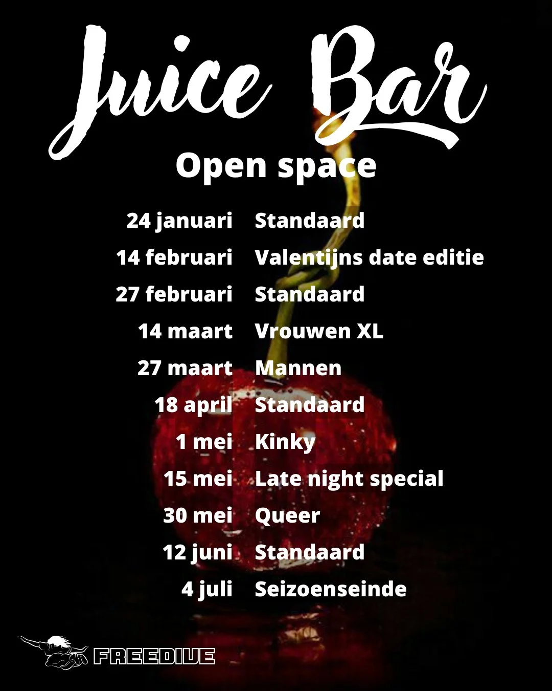 Yes! De Juice Bars voor het komende seizoen zijn ook weer gepland. Zet ze snel in je agenda, want ze zijn vaak uitverkocht. ⁠
⁠
We hebben hele toffe edities: ⁠
- de Valentijns editie is speciaal voor stellen, om samen (met andere stellen) valentijnsd