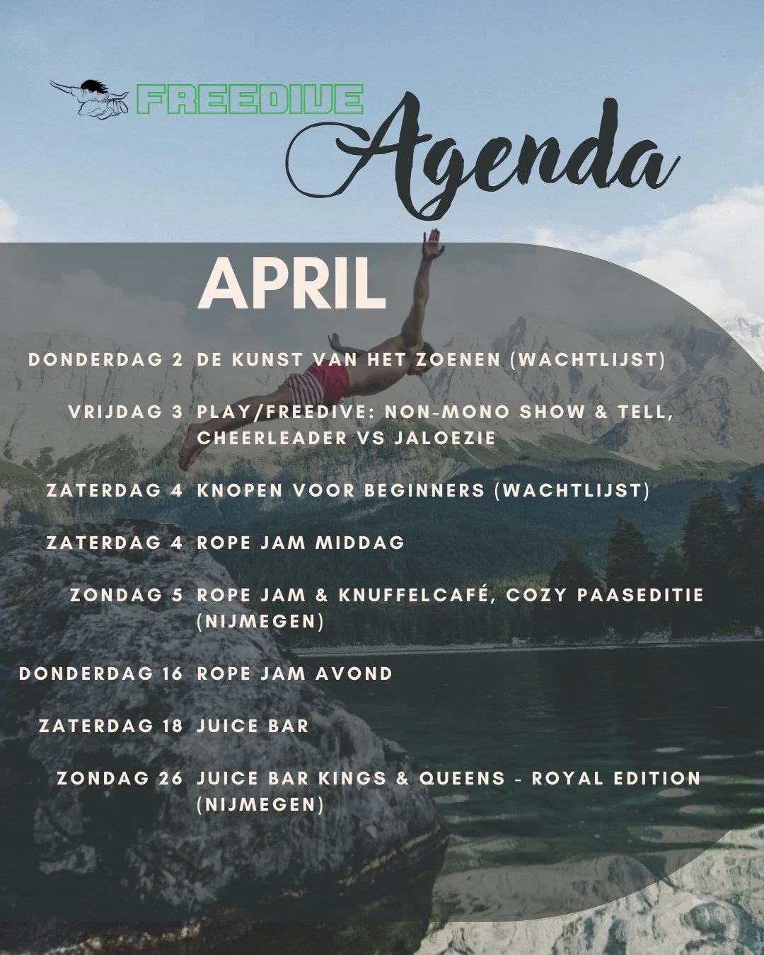 Het is b&iacute;jna april! Lekker lenteweertje, lekker samen, lekker knopen? Of zoenen, knuffelen, kletsen over non-monogamie? Het kan allemaal deze maand! ⁠
⁠
Waar zien we jou terug? 🌻