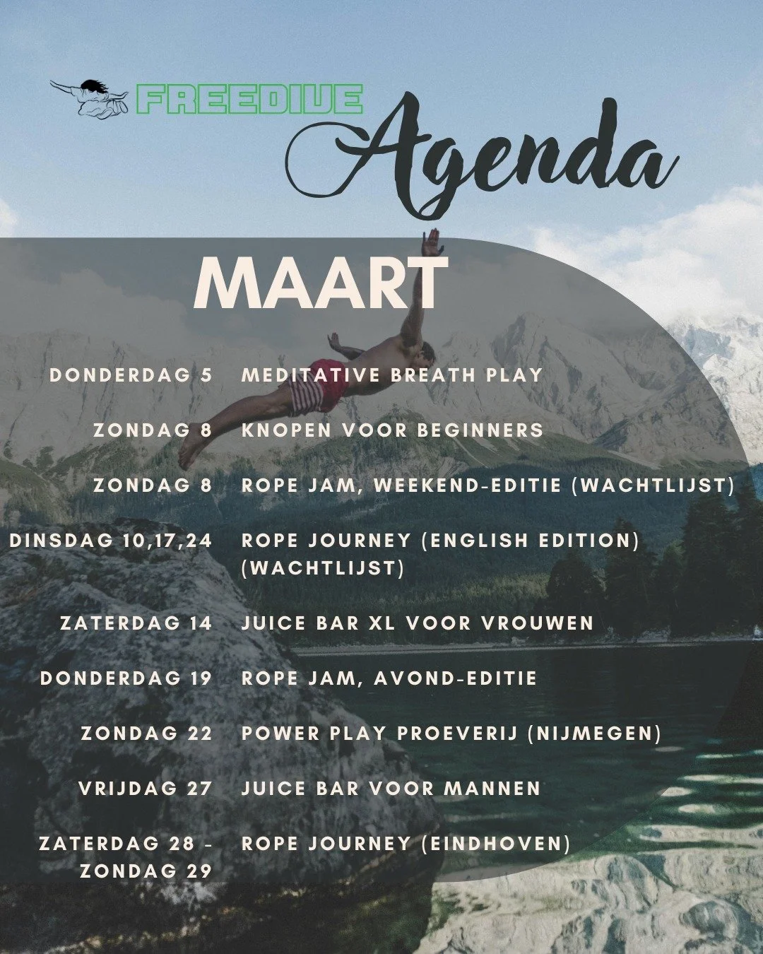 Maart is on it's way! Kom met je fijne voorjaarsvibes naar een van onze events! Deze maand speciale Juicebar edities (een voor mannen en een extra lange voor vrouwen), veel plek om te leren knopen en ook voor ervaren spelers is er nog ruimte bij de R