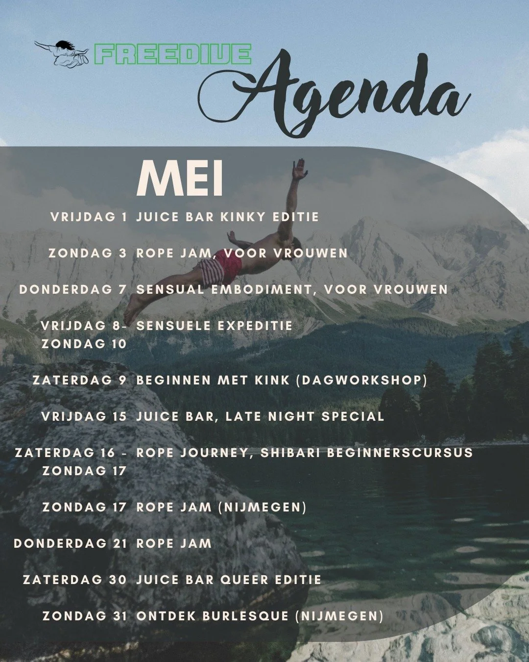 Zooooveel leuke dingen deze maand! Woeh! Het zonnetje lijkt ook in onze agenda te schijnen (of zoiets?) :D

Kom je mee doen met deze leuke activiteiten? Voor ieder wat wils! Alleen de kinky editie van de Juice Bar is al uitverkocht, maar verder zijn 