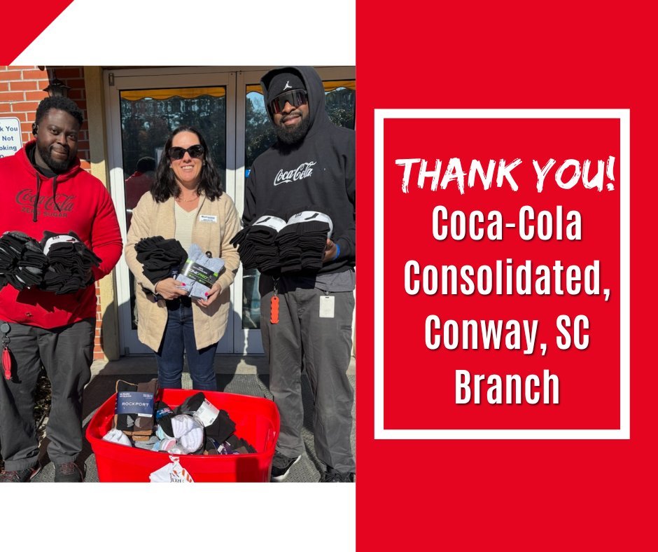 We would like to extend a heartfelt THANK YOU to Coca-Cola Consolidated &ndash; Conway, SC Branch for their generous sock donation to New Directions Homeless Shelter!