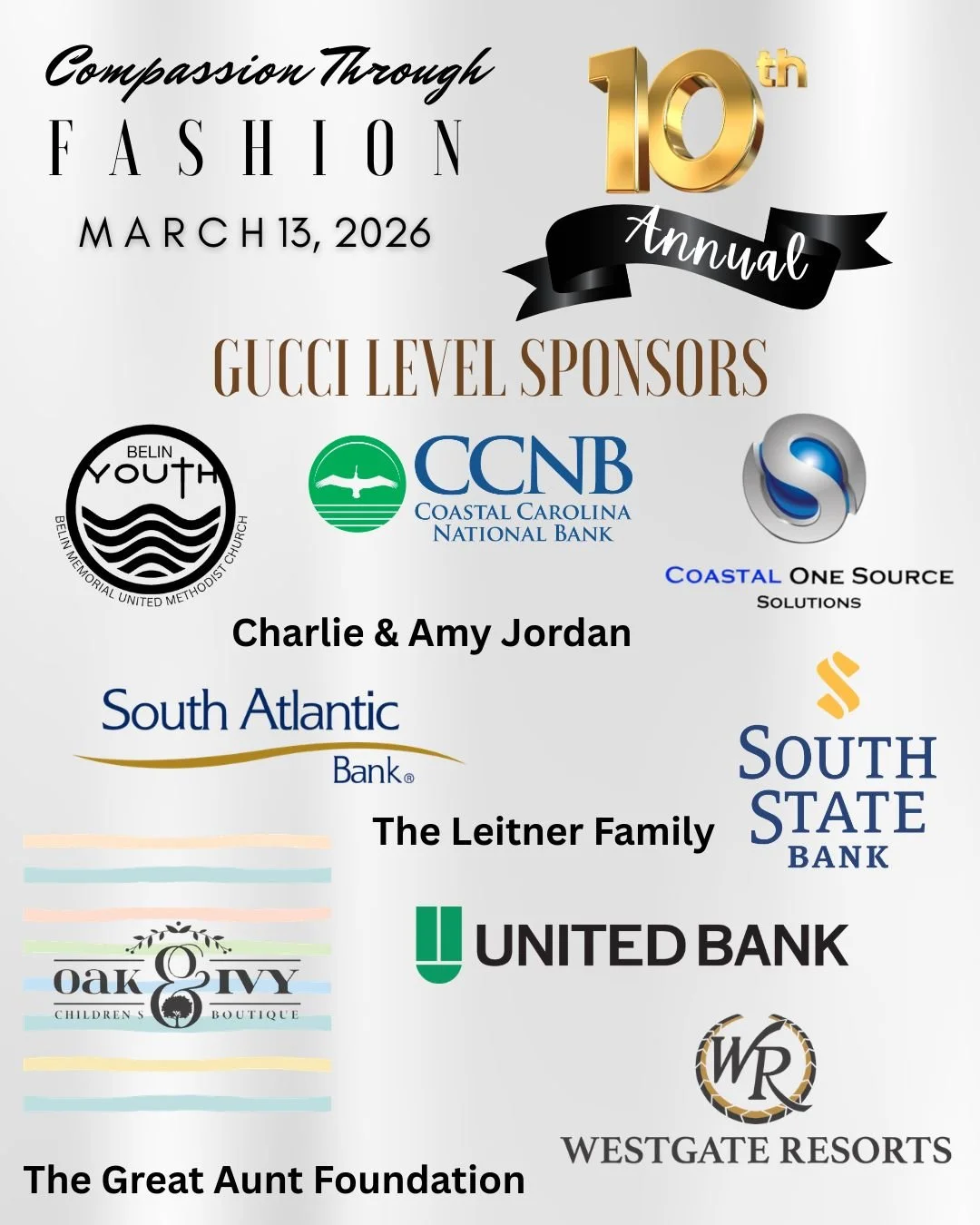 Our 10th Annual Compassion Through Fashion is made possible by the extraordinary generosity of our Gucci Level Sponsors. Your partnership is the reason this event continues to grow, inspire, and make a difference year after year. We are honored to ce
