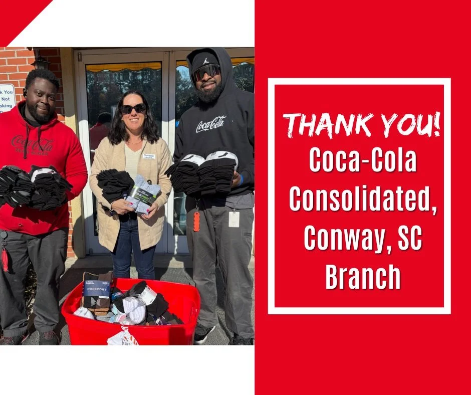 We would like to extend a heartfelt THANK YOU to Coca-Cola Consolidated &ndash; Conway, SC Branch for their generous sock donation to New Directions Homeless Shelter!