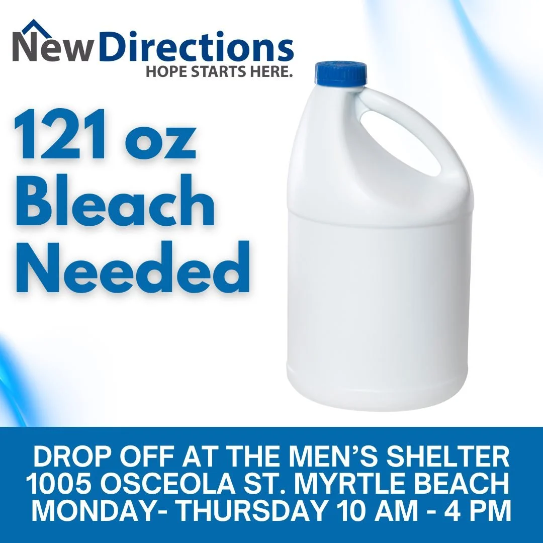 We&rsquo;re currently in need of 121 oz bottles of bleach to help keep our shelter clean, safe, and healthy for those we serve. Important: please donate name-brand or high-quality bleach (not dollar store brands) so we can ensure proper sanitation an