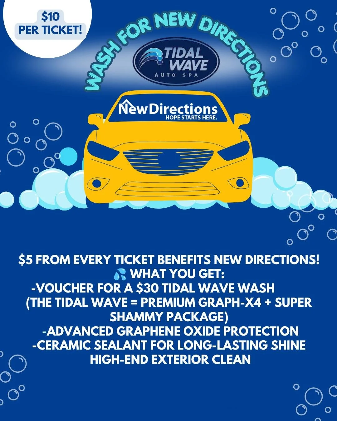 Purchase a New Directions Tidal Wave wash ticket and help provide shelter, meals, and support services for individuals and families experiencing homelessness in our community. Tickets must be picked up in person at New Directions. #linkinbio