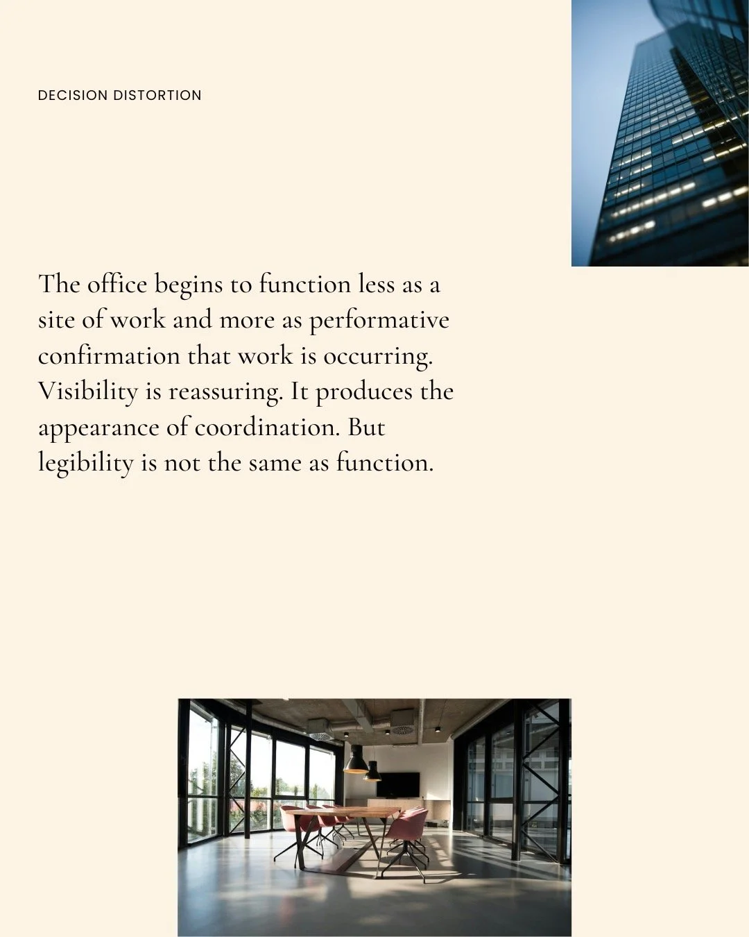 The office begins to function less as a site of work and more as performative confirmation that work is occurring.
Visibility is reassuring. It produces the appearance of coordination. But legibility is not the same as function.
New on Clear Under Pr