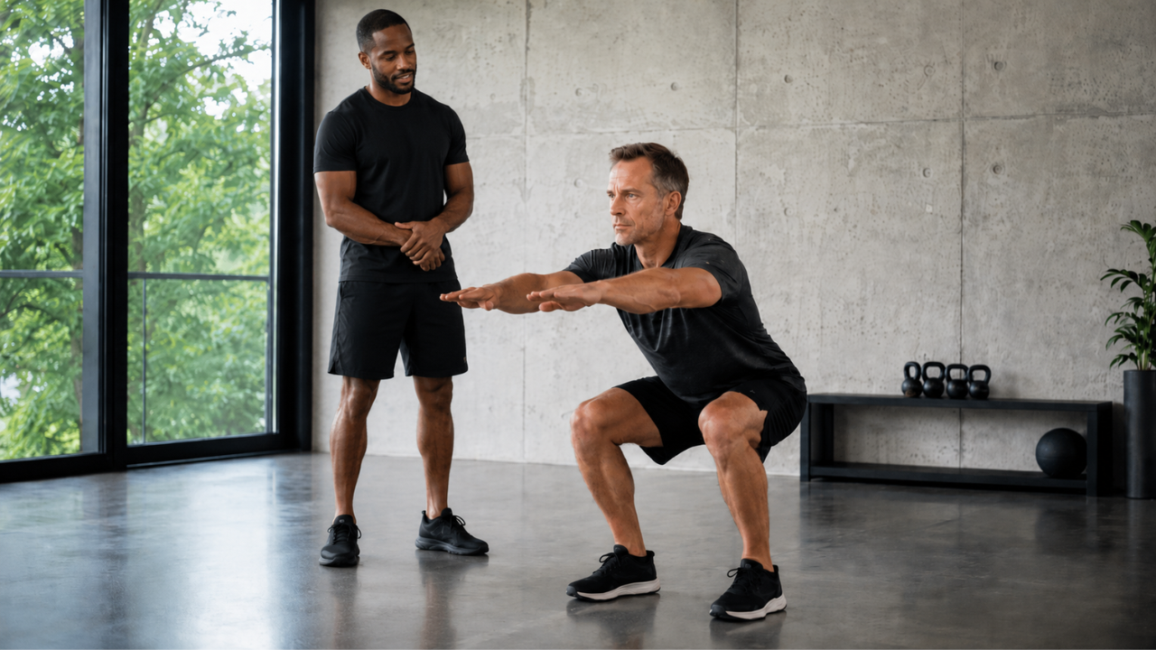 A personal trainer in San Francisco observing a client's squat form in a private training studio, assessing movement quality before increasing load.