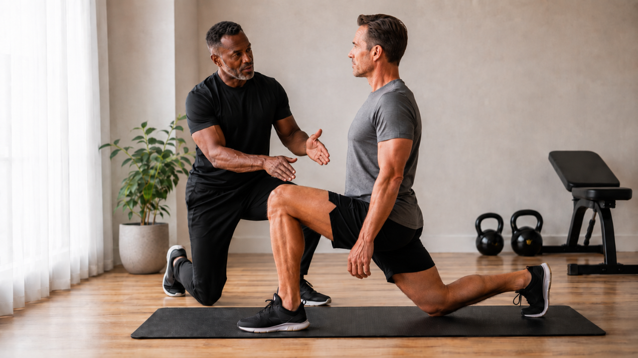 oaching a client through a split kneeling hip mobility drill in a private San Francisco training studio, demonstrating active hip extension range of motion work.