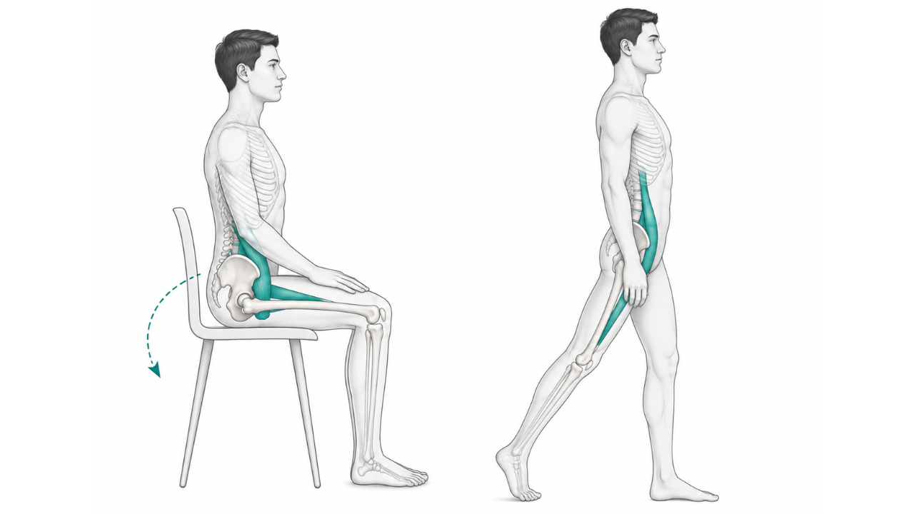 Anatomical side-view illustration showing the hip flexor group in a shortened position from prolonged sitting, with arrows indicating compressed hip extension range.