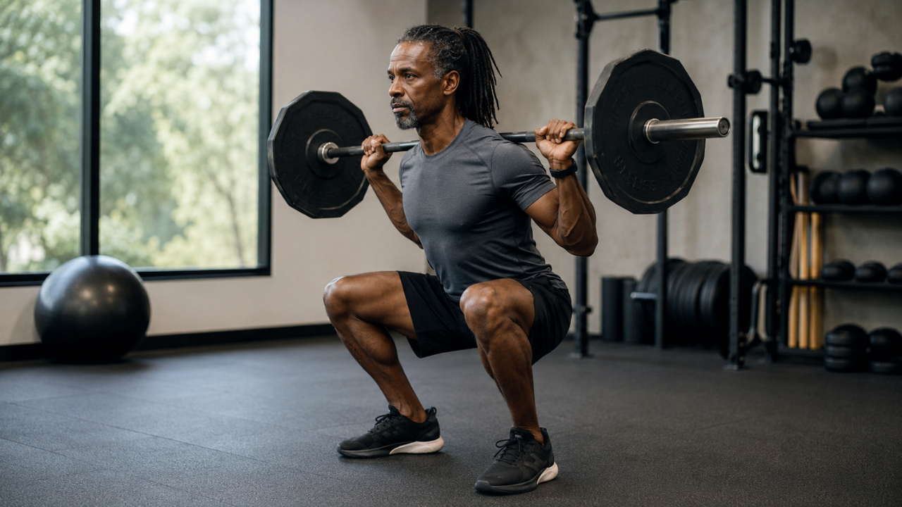 A focused man in his 40s performing a controlled barbell squat in a well-lit private training studio, demonstrating proper strength training form for longevity.