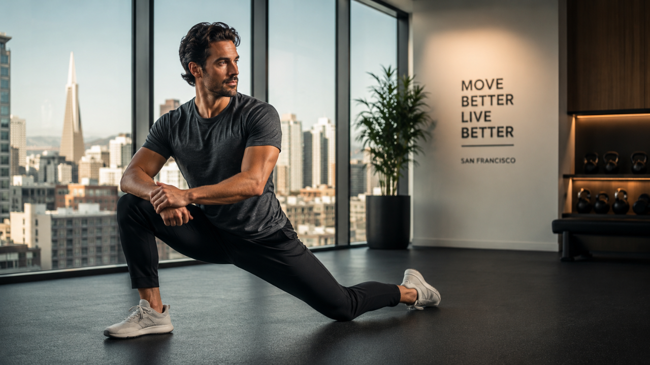 Busy professional performing mobility training in a San Francisco gym