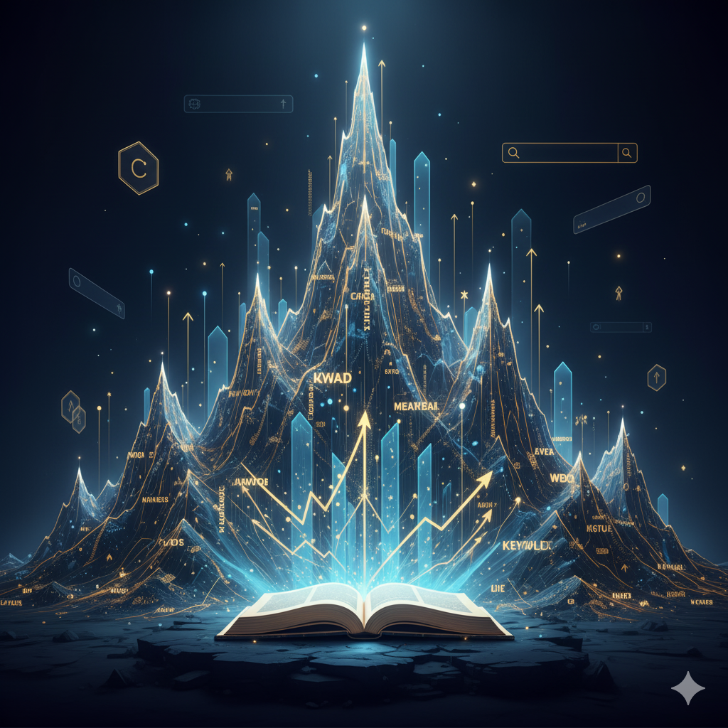 Cinematic digital illustration of glowing mountains made of metadata, keywords, and data graphs, rising from an open, light-emitting book. This symbolizes the massive reach powered by effective book metadata.