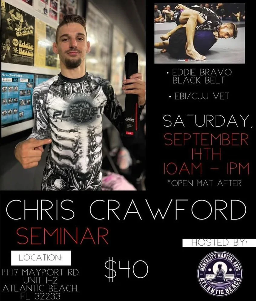 The photo says it all. Chris Crawford is a decorated competitor and one of the hardest working grapplers I&rsquo;ve met. He has taught/fought all over the world and he is coming to Mentality for the humble price of $40 for a seminar. Please consider 