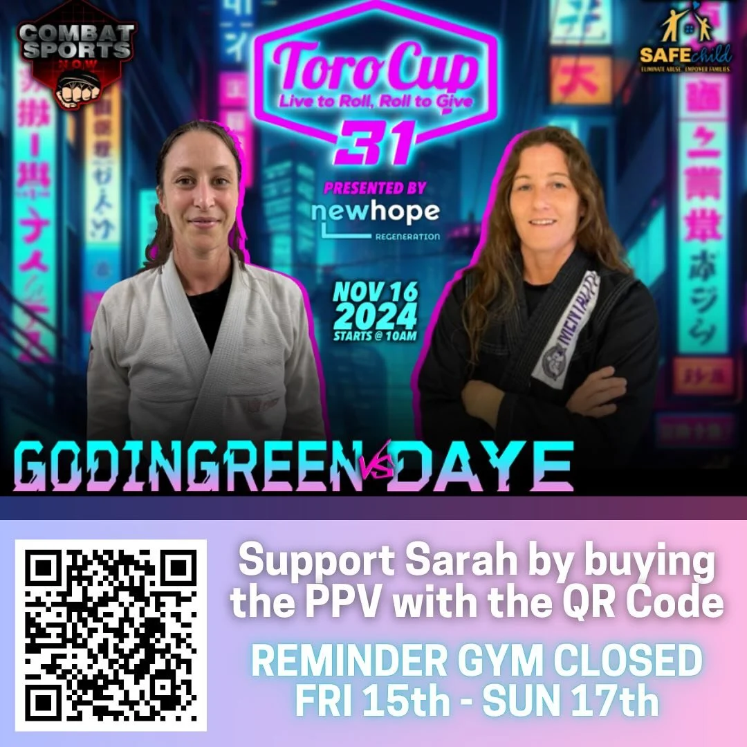 If you want to watch Sarah compete in NC this weekend, follow the QR code in the picture to pick up the PPV.

Reminder Big Kids promotions this Thursday.

We are closing up shop from Friday the 15th - Sunday the 17th!