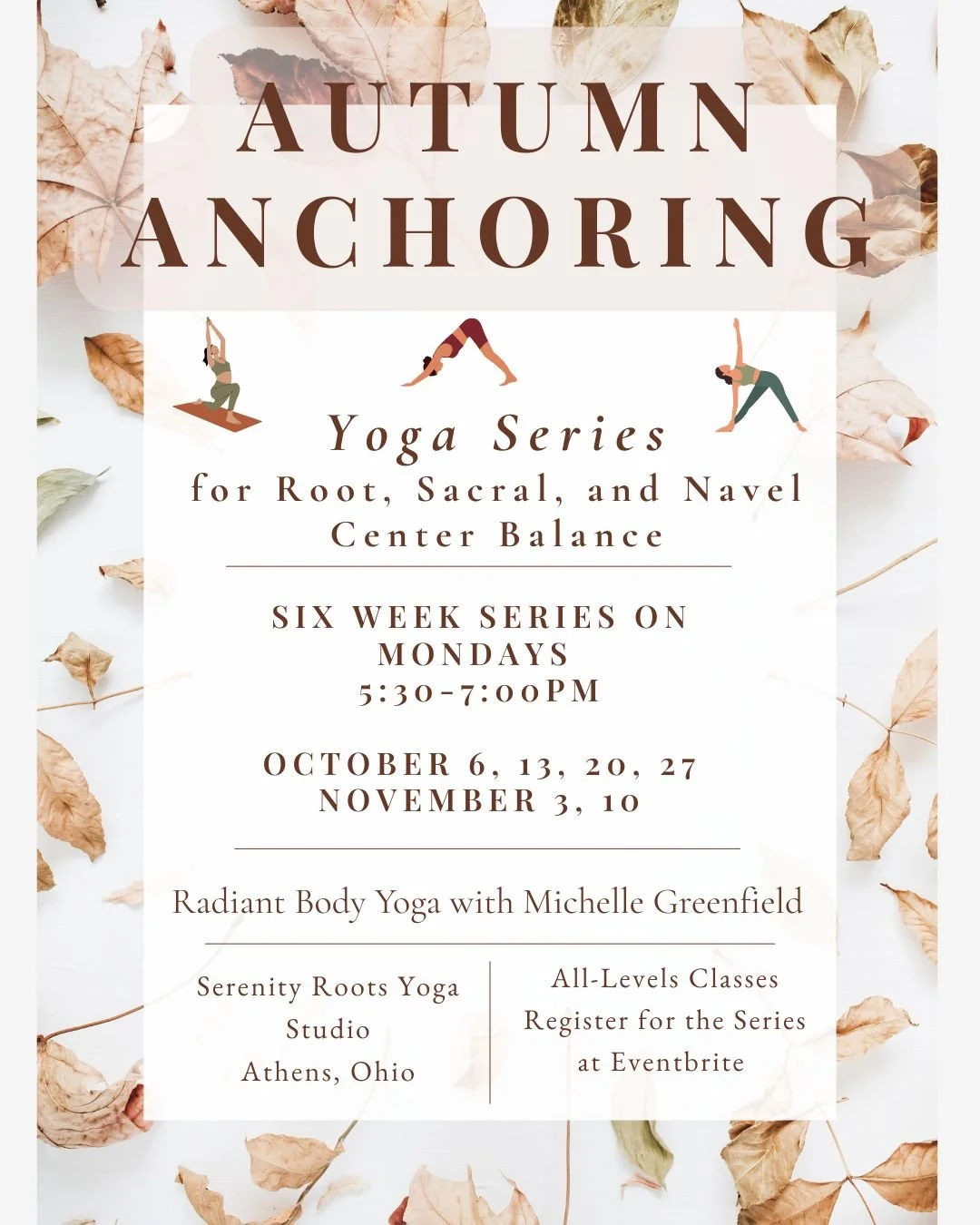 Join me as we embark on a 6-week Radiant Body Yoga (kundalini) series focusing on Root, Sacral, and Navel Harmony for Seasonal Balance.

🍁 Autumn Anchoring 🍂
As autumn arrives, Ayurveda teaches us that Vata energy increases - bringing qualities of 
