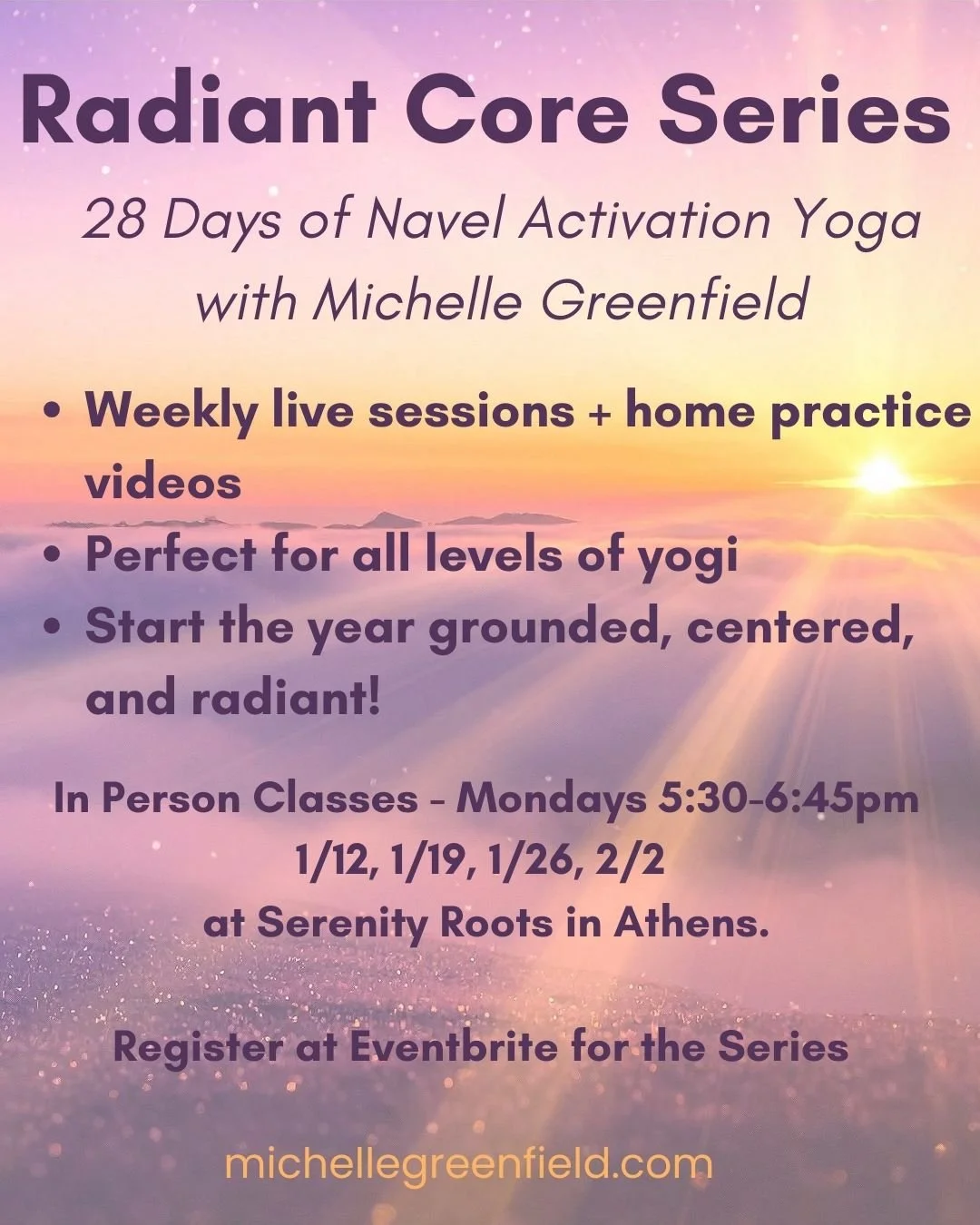 ✨ The Radiant Core Series: 28 Days of Grounding &amp; Warmth ✨

>>>>NEW DATES!<<<<
Series begins Monday January 12! Spots still available

Ready to fuel your new year from the inside out? Join me this January for a month-long 