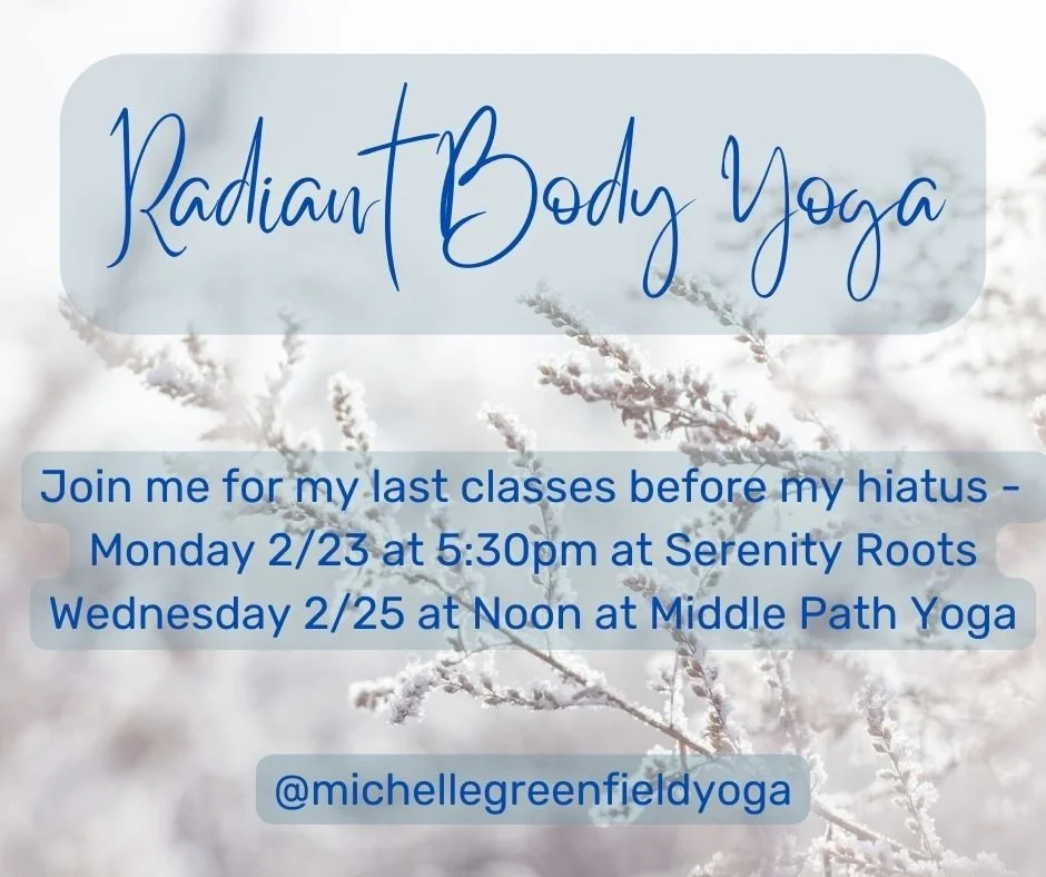 Join me for my last classes this week, before I take my hiatus! I'd love to see you.

Monday night, 2/23 - 5:30pm-6:45pm @serenity_roots in Athens. We will practice keeping up our spirits!

Wednesday 2/25 at Noon @middlepathyoga in Athens. A midweek 