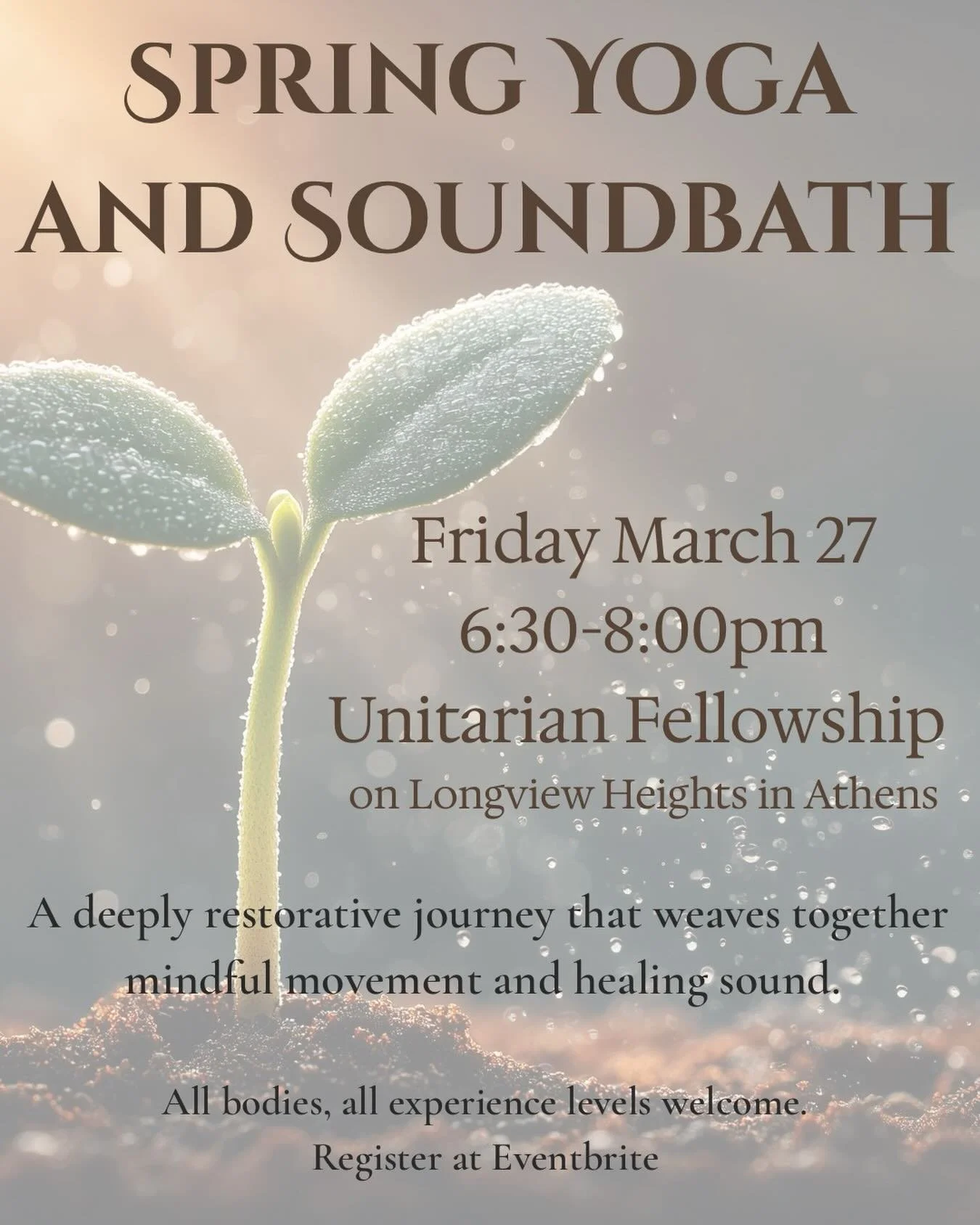 Spring is emerging! 🌱
Let&rsquo;s dive into this energy with Yoga and Sound.🌱

Please join Kojun and Michelle for our spring class, where we will move as gently as nature&rsquo;s awakening and listen to the fresh and bright sounds of crystal and me