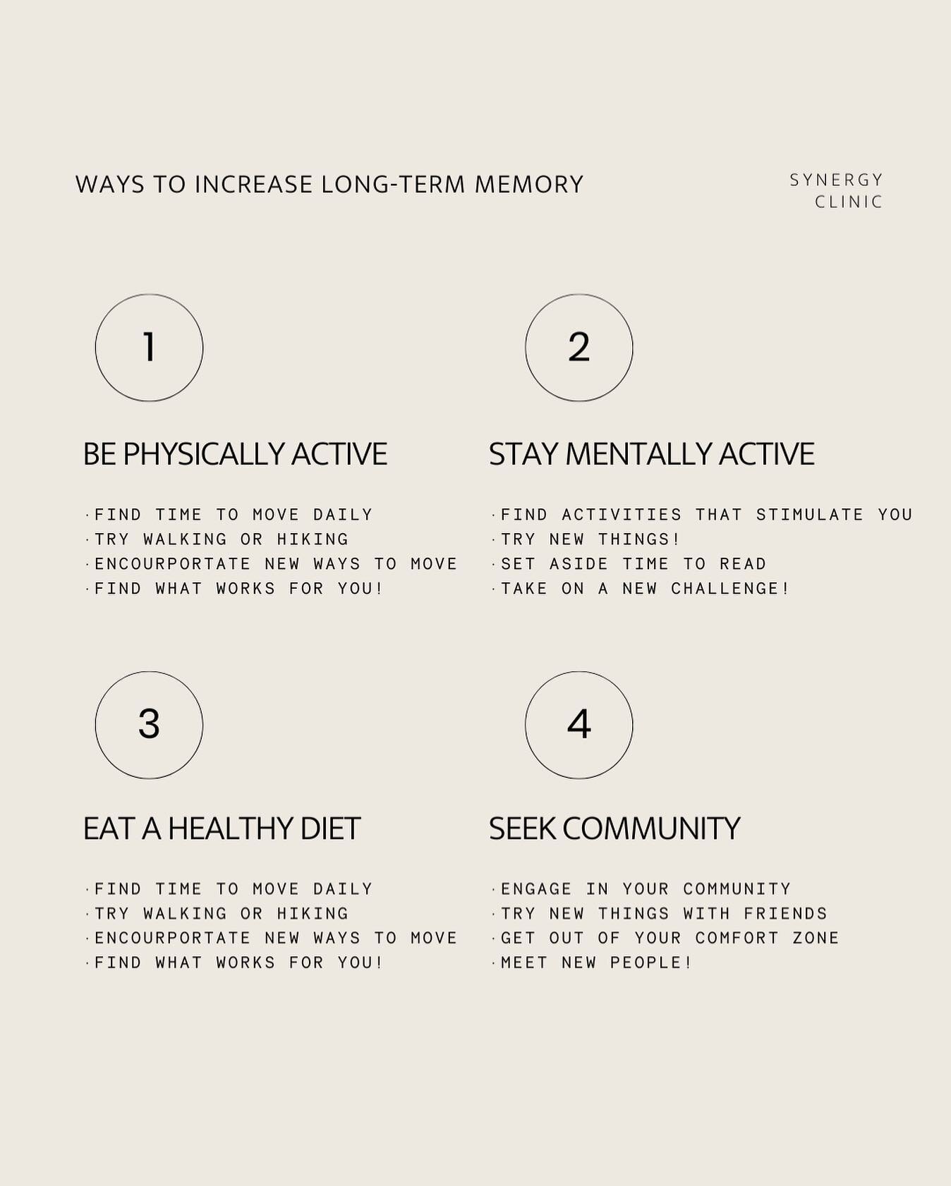 Ways to increase long term memory 🧠 it&rsquo;s important we take the time to be mindful of creating healthy habits throughout our life to ensure our brain health for the rest of our lives. 💡 

See if you can take the time to try any of these practi