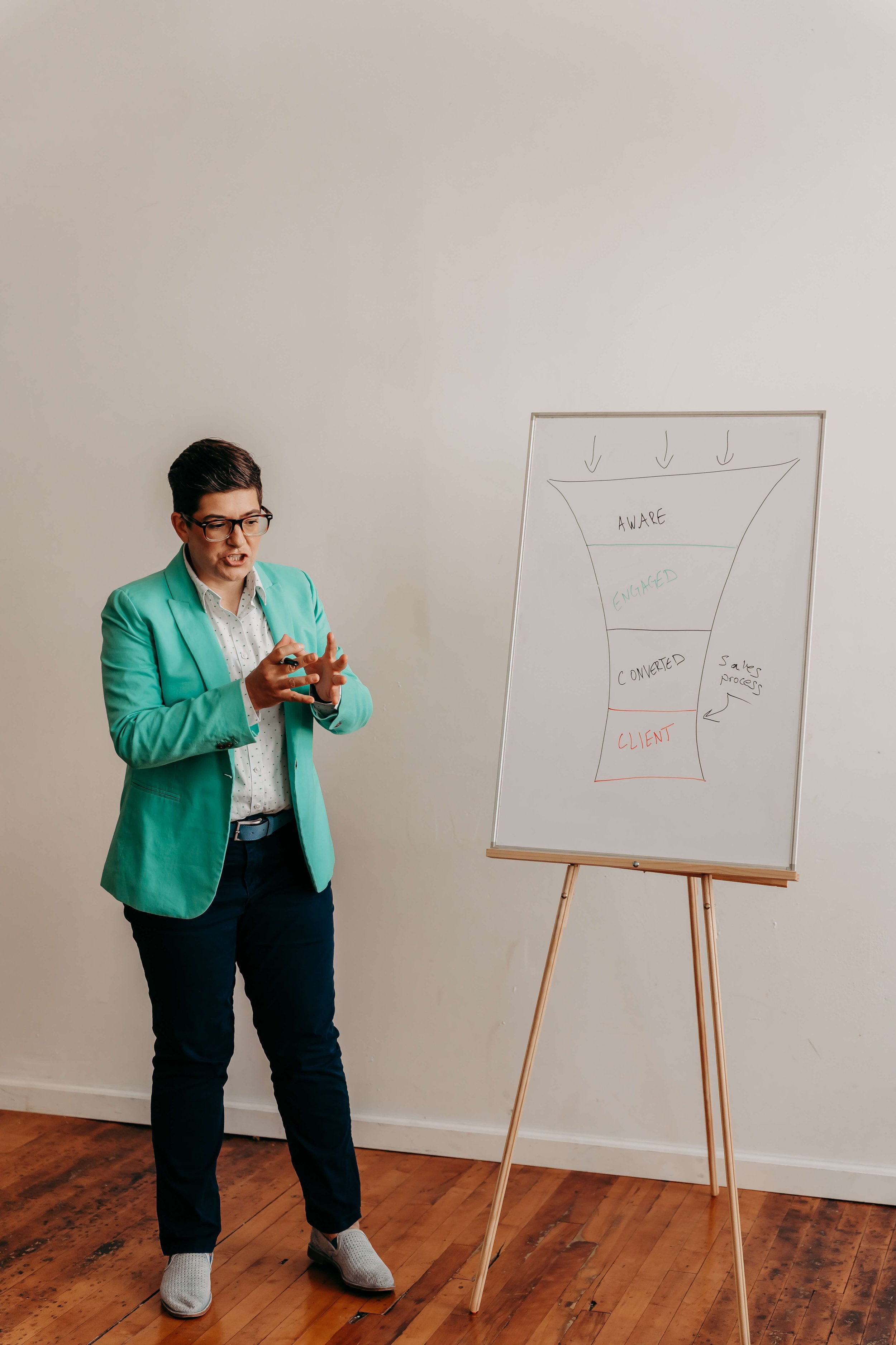 Francesca McLin at a whiteboard explaining her client-centered marketing framework