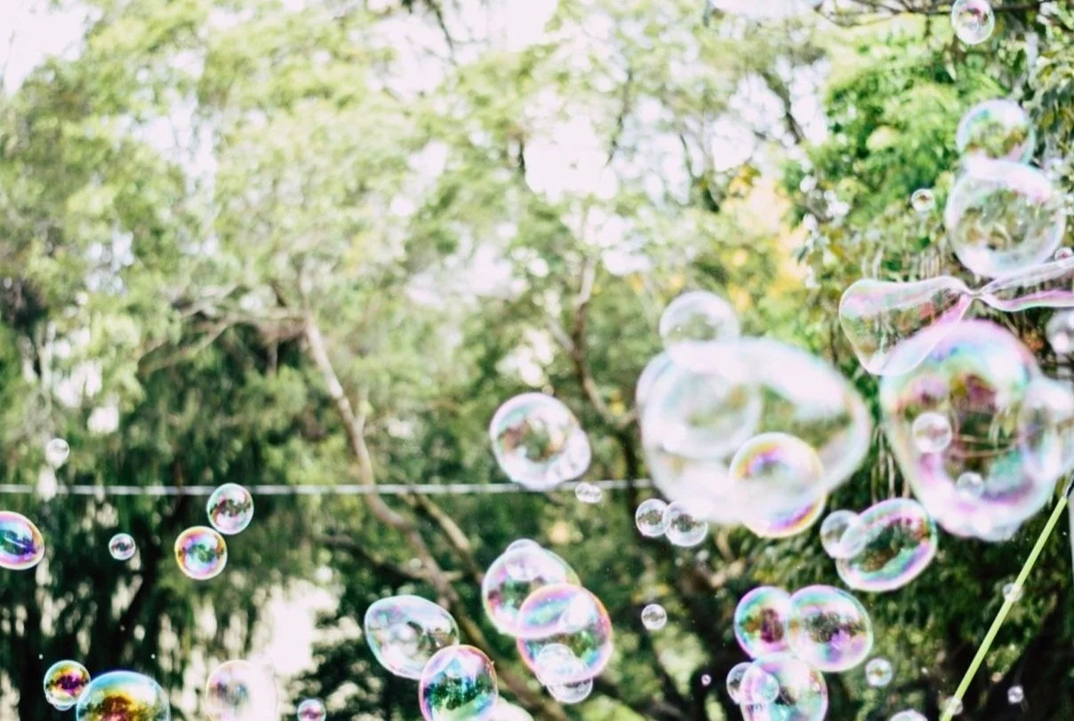 Iridescent bubbles floating outdoors in front of green leaves