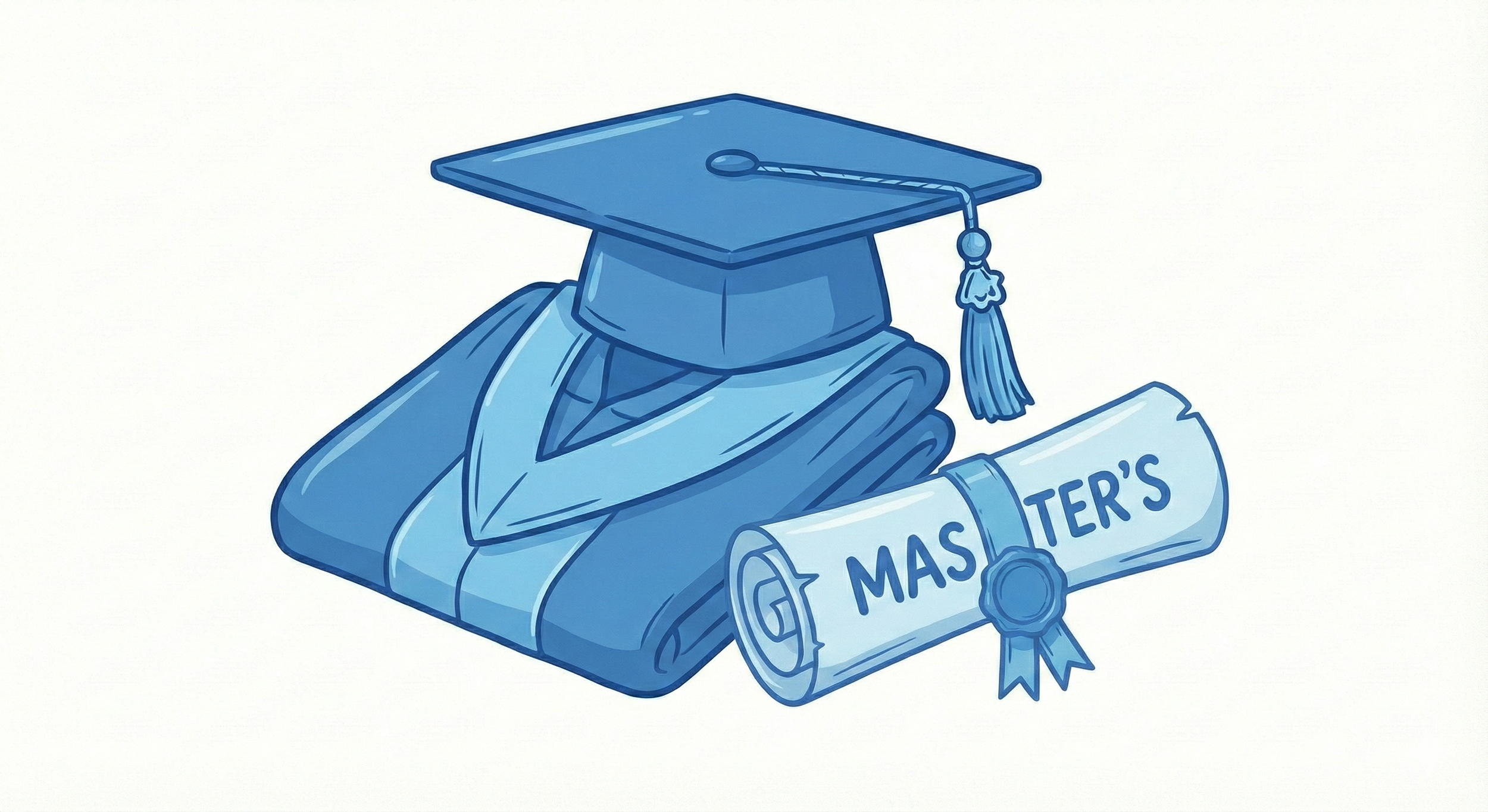 A blue illustration of a rolled-up diploma with a seal labeled 'Master's,' a stack of books, and a graduation cap with a tassel to symbolize Master's level treatment.