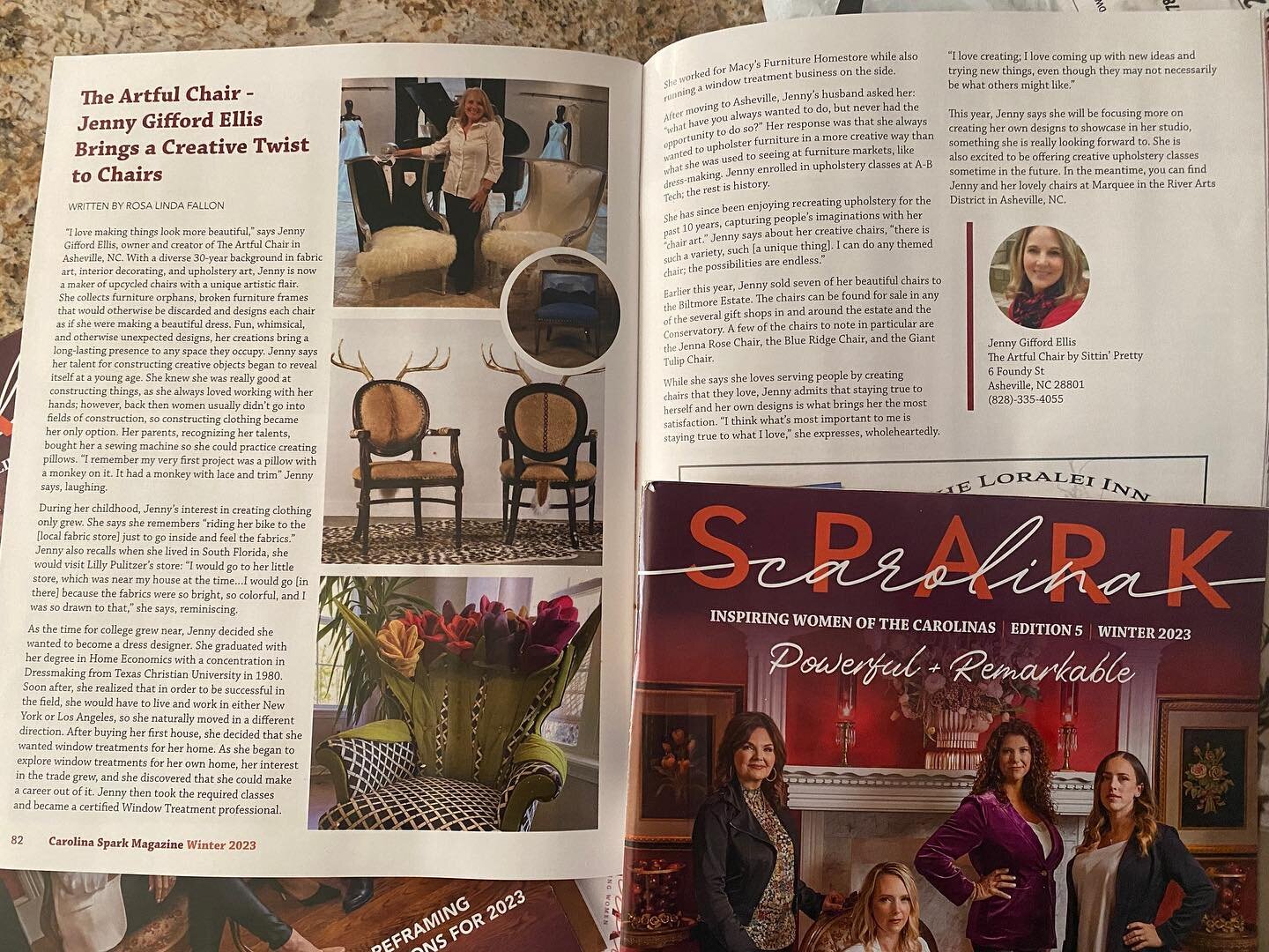 See my story In Carolina Spark Magazine!  Inspiring women in the Carolinas.  Pick your copy up today.  #carolinasparkmagazine , #marqueeasheville, #riverartsasheville #chairart