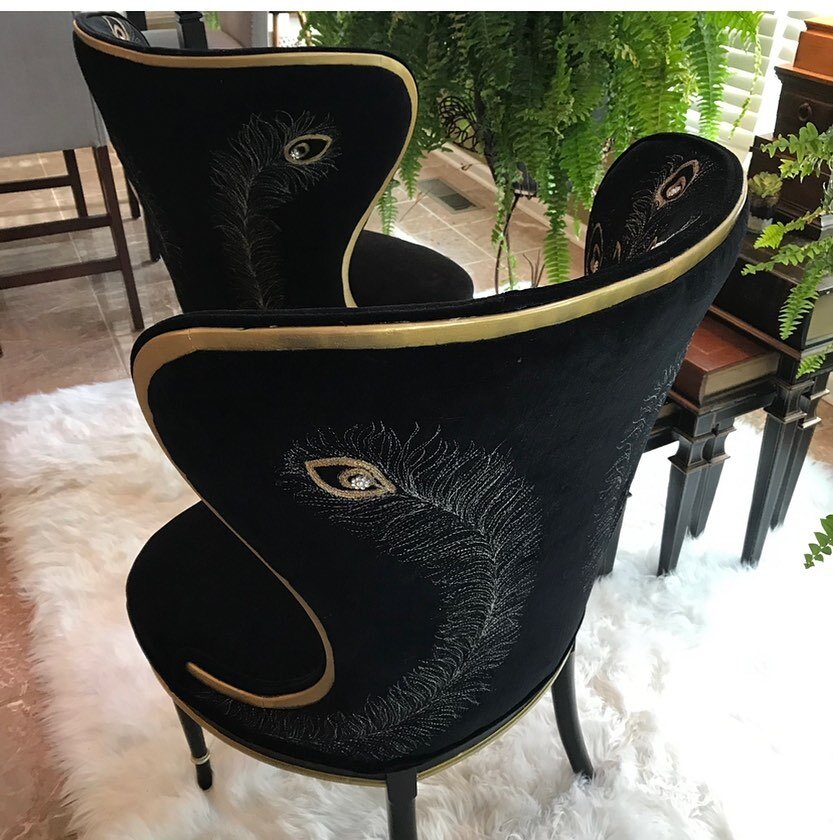 Chair shapes speak to me.  I love how these turned out! Peacock feathers were freehand sewn and hand painted in the front and back.  I&rsquo;ll be teaching this in my new upcoming classes! Be the first to know! Message me with your email.  Exciting n
