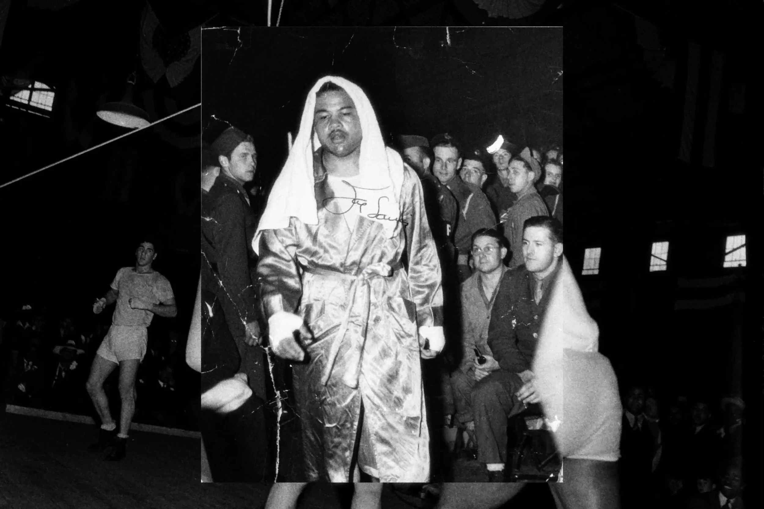 Image still from the short documentary film My Hands Purpose by Detroit based director John Sippel. Archival photo of Joe Louis Barrow after boxing match in the military. 