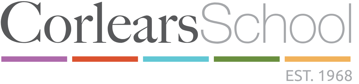 Corlears School logo with the name in large letters and colored lines underneath, established in 1968.