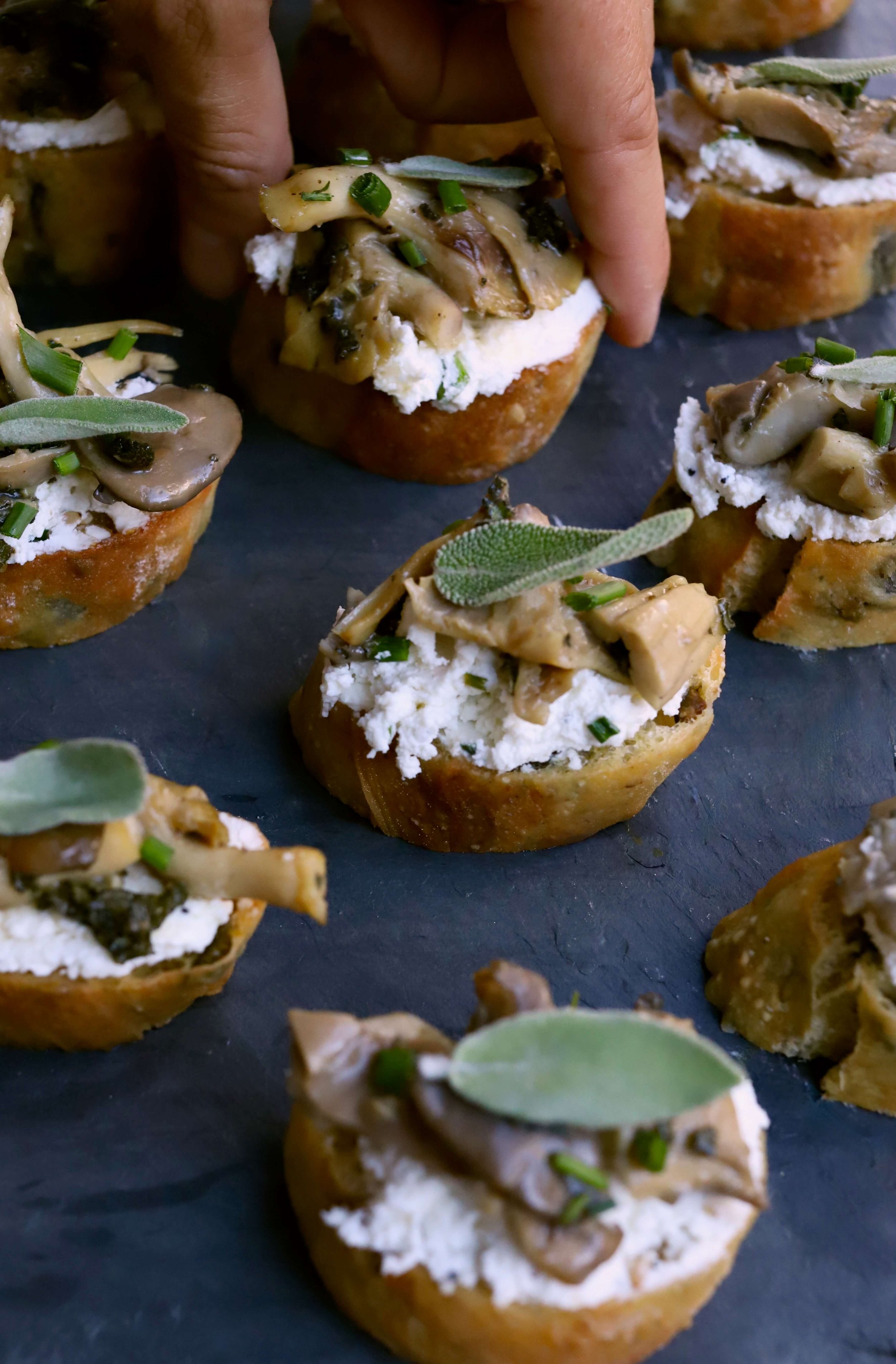 BROWN BUTTER SAGE OYSTER MUSHROOM AND GOAT CHEESE CROSTINI