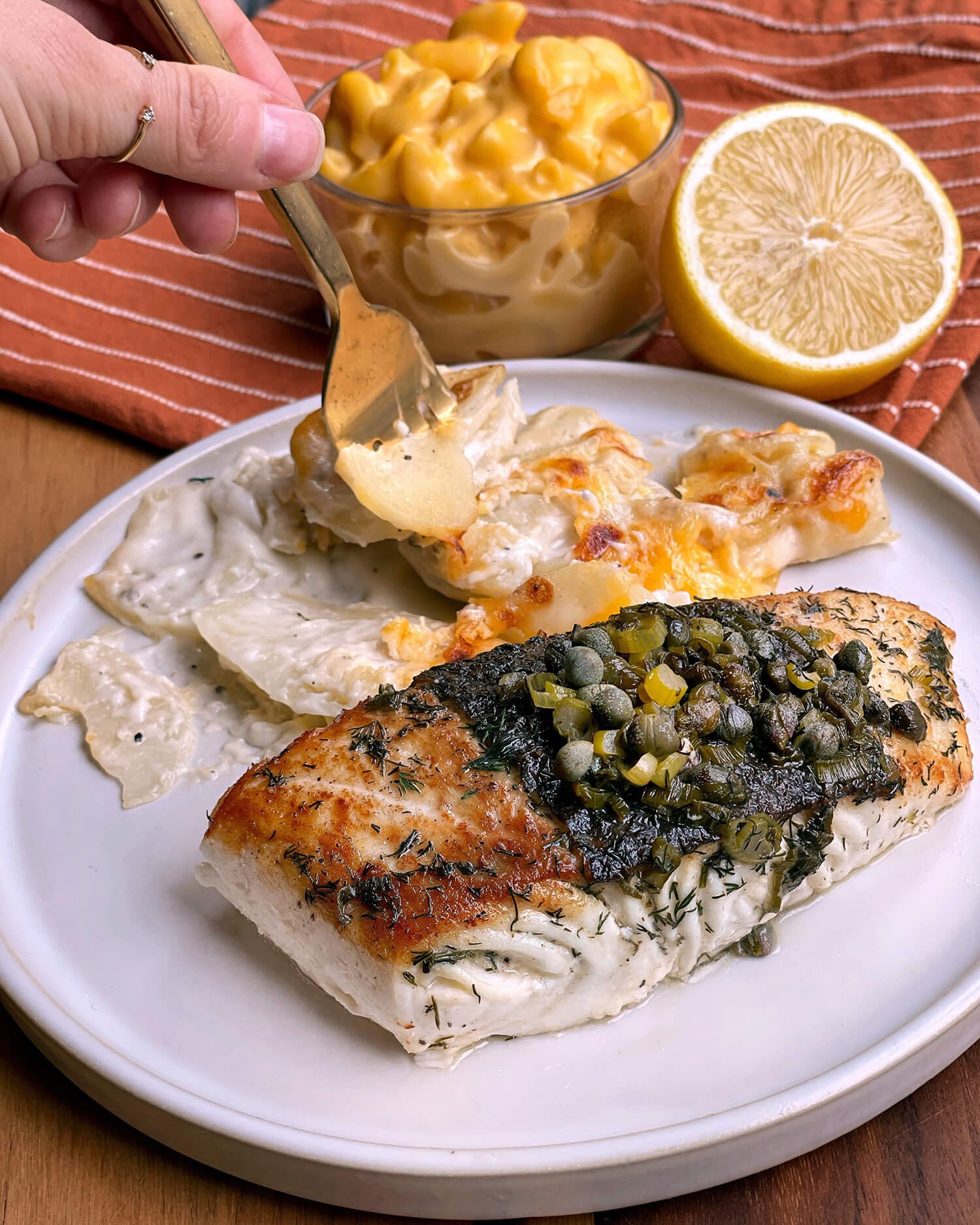 HALIBUT WITH LEMON CAPER AND HERB BUTTER SAUCE