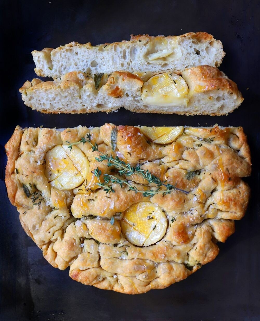 Baked Brie Focaccia! I had no idea how easy it was to make focaccia. Now, I want to make it all of the time. Easter, I'm looking at you! That said, it takes under 10 minutes of work ahead of time so that the dough can cold-proof in the fridge for 48 