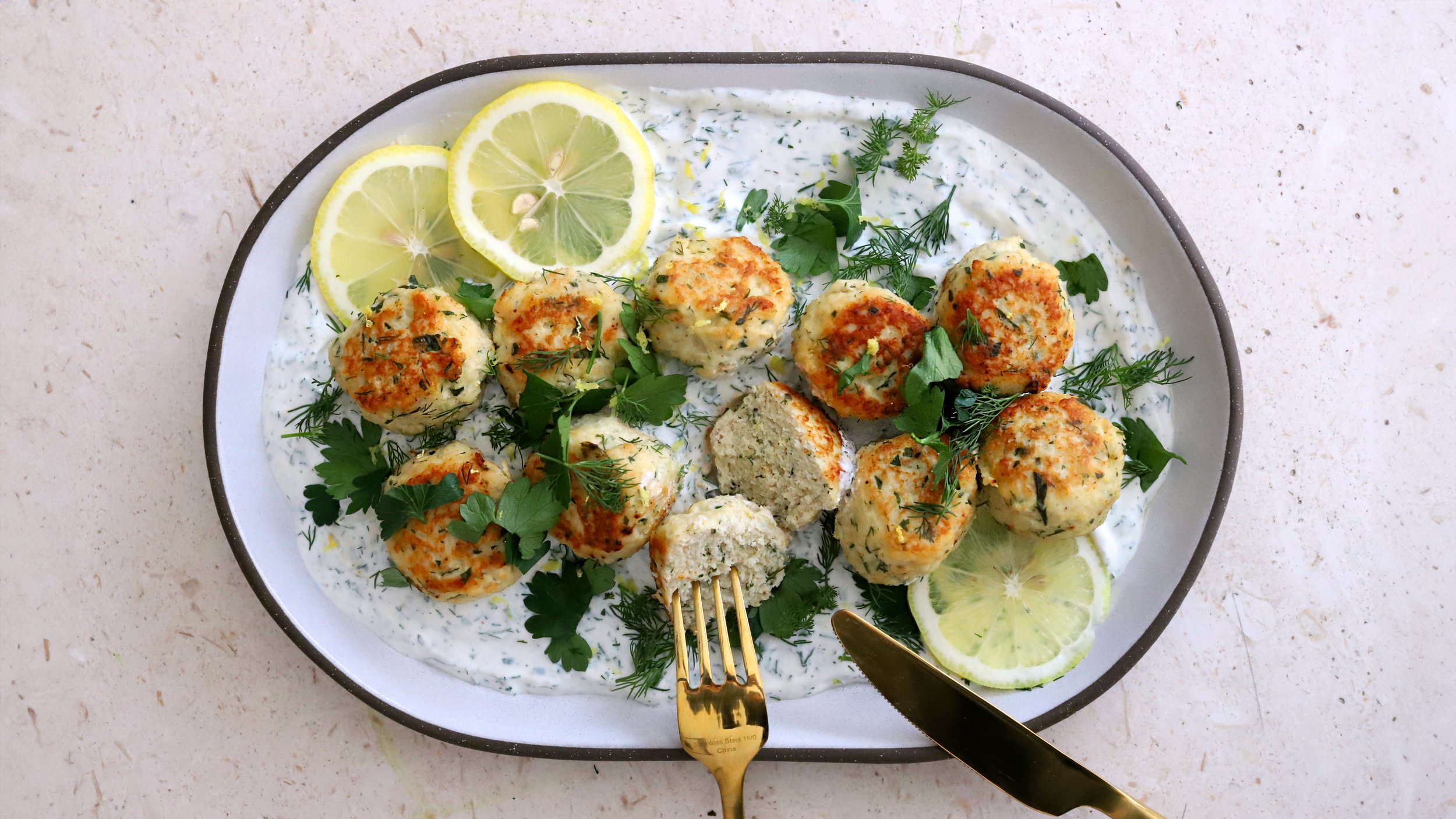 SPRING LEMON DILL CHICKEN MEATBALLS WITH WHIPPED GREEK YOGURT SAUCE