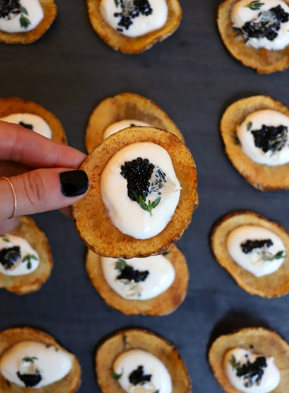 HOMEMADE POTATO CHIPS WITH CHAMPAGNE CRÈME FRAÎCHE AND CAVIAR