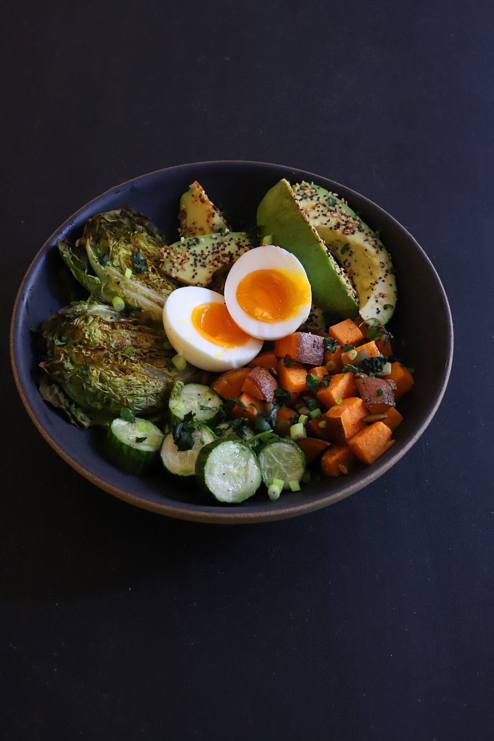 ROASTED SWEET POTATO MACRO BOWL WITH JAMMY EGG AND AVOCADO