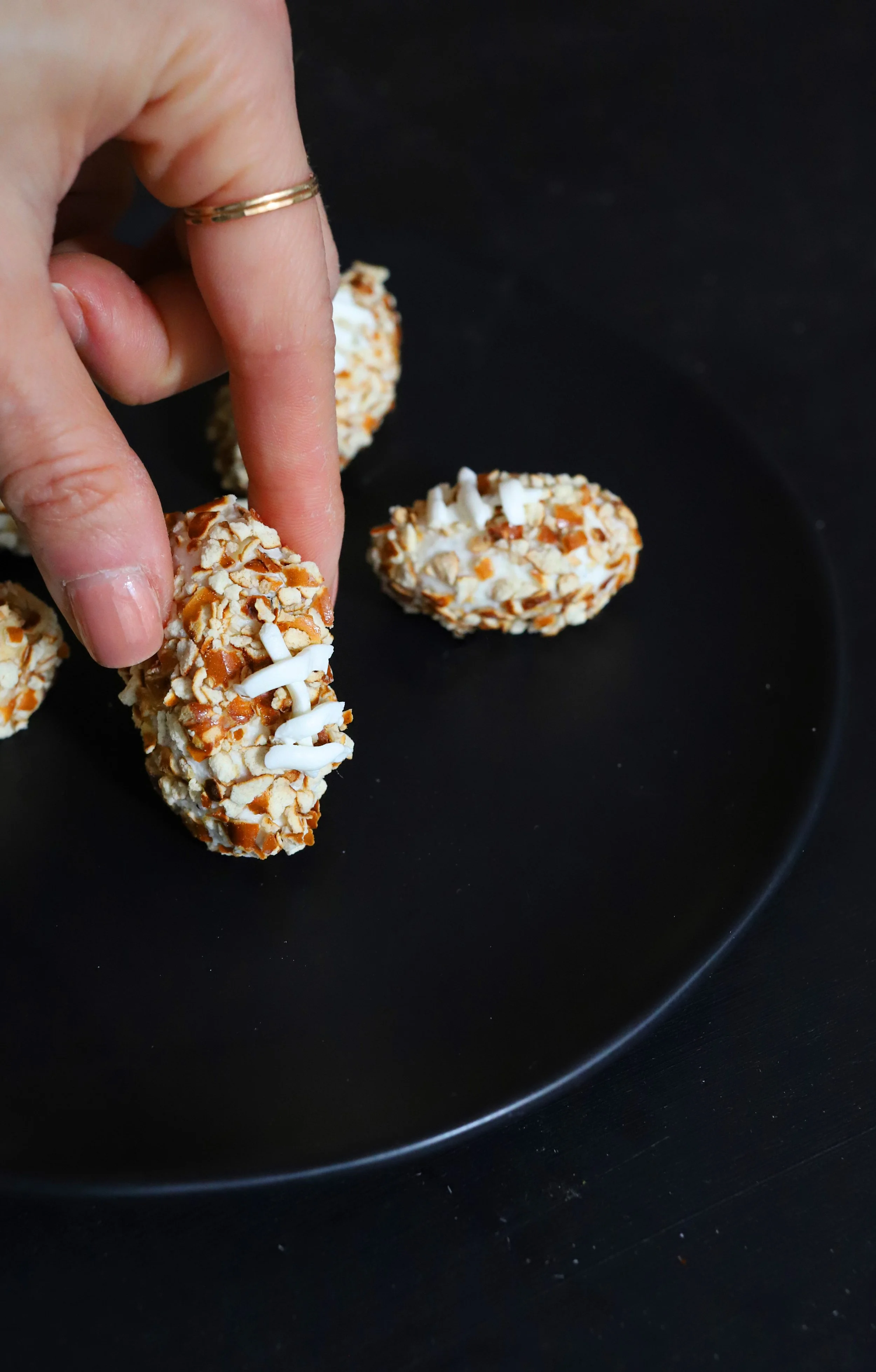 FOOTBALL SHAPED PRETZEL-CRUSTED HONEY TRUFFLE GOAT CHEESE BITES