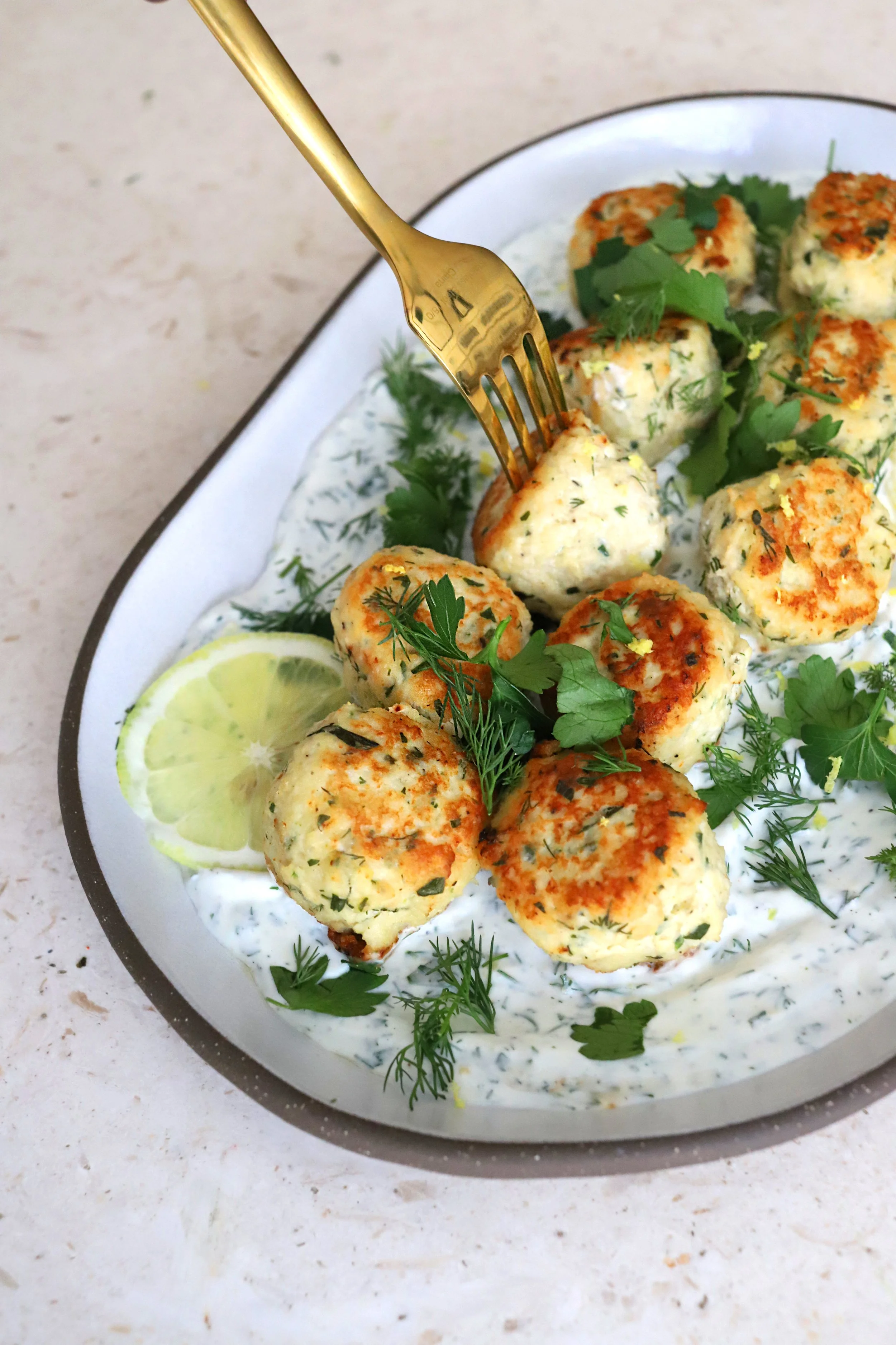 SPRING LEMON DILL CHICKEN MEATBALLS WITH WHIPPED GREEK YOGURT SAUCE