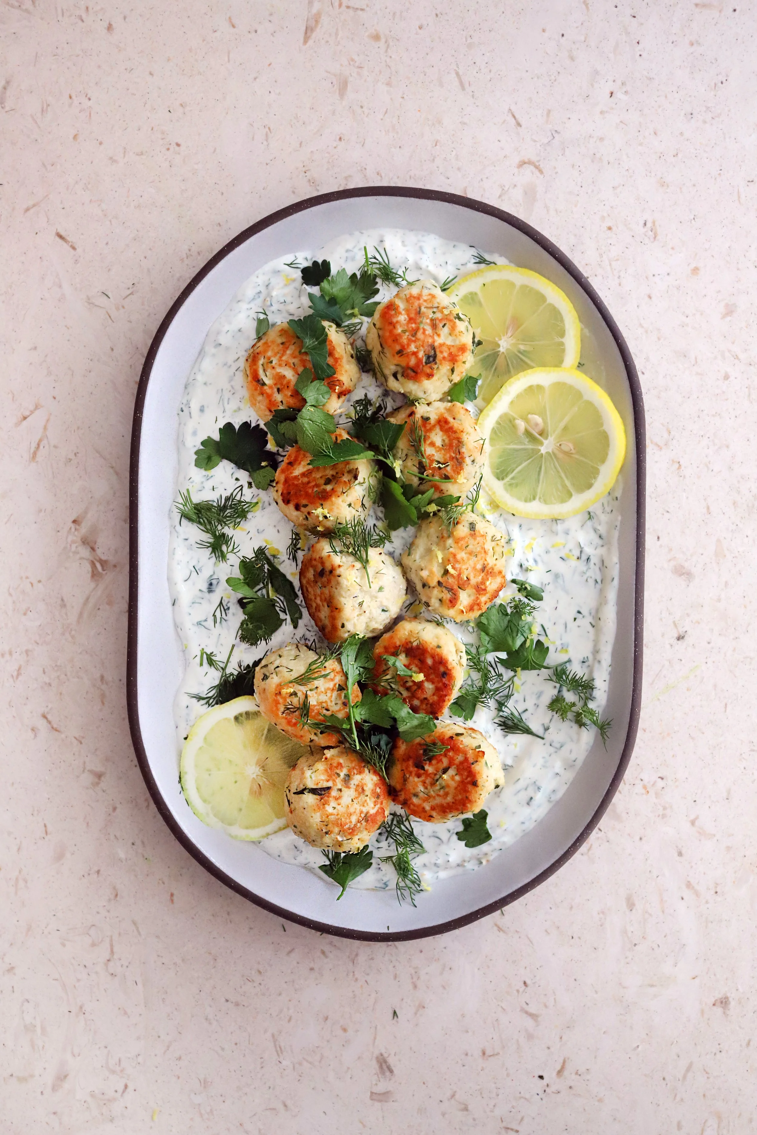 SPRING LEMON DILL CHICKEN MEATBALLS WITH WHIPPED GREEK YOGURT SAUCE