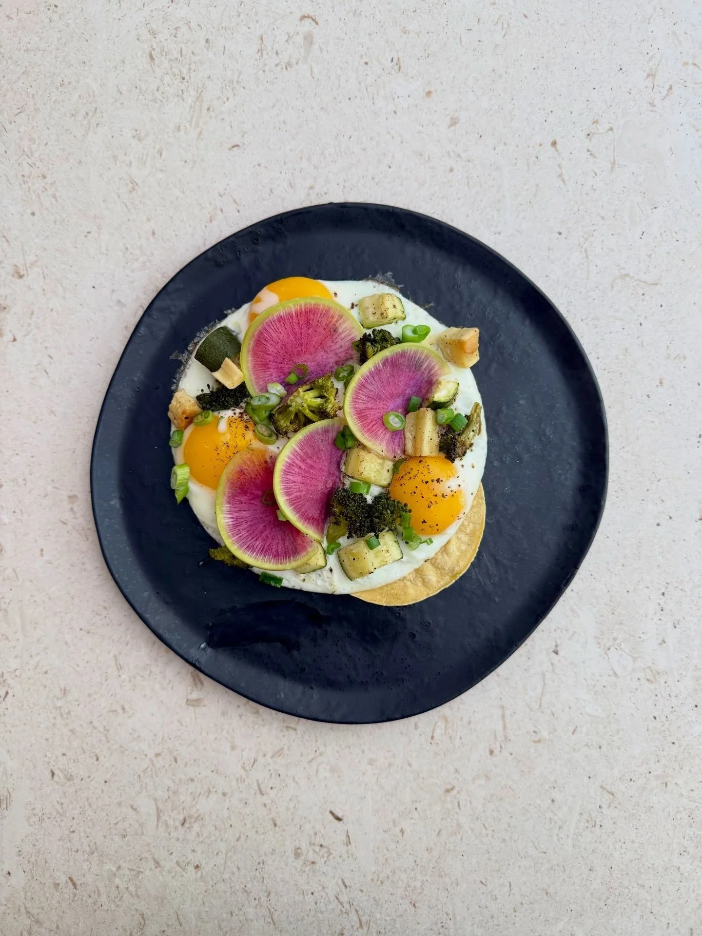 It&rsquo;s been a week! I&rsquo;m fried 🍳🫜

Super easy breakfast I tossed together: Fried eggs with watermelon radish, scallion, roasted broccoli &amp; parsnip &amp; zucchini + salt &amp; pepper over warmed corn tortillas.

Pair it with a mimosa an